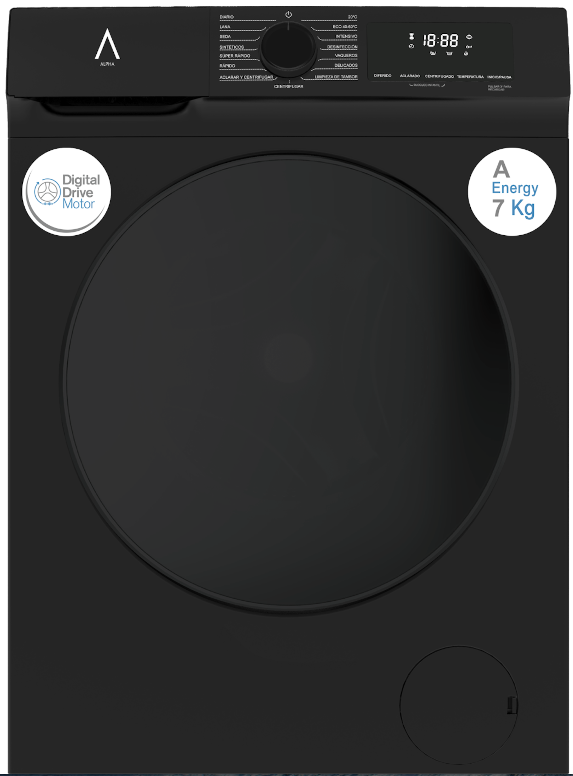 Lavadora negra con pantalla digital, selector de programas y etiqueta energética A.