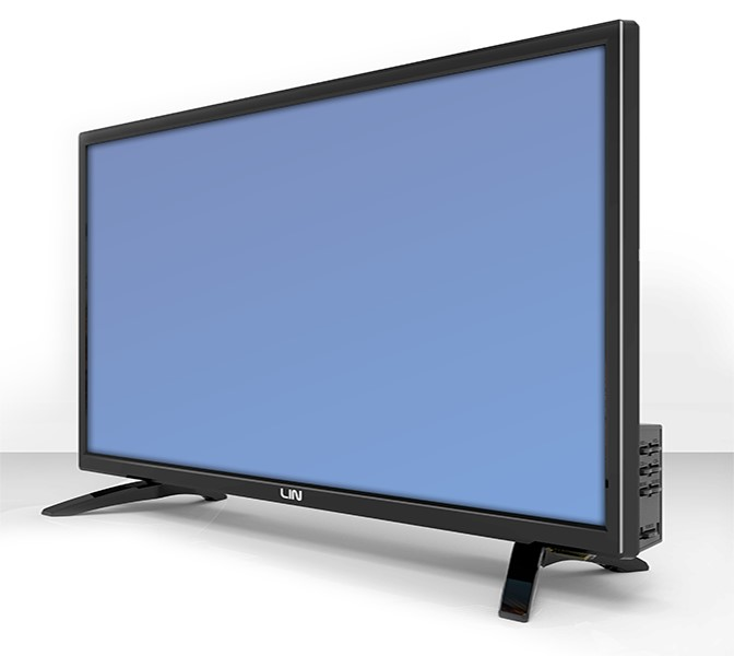Un'elegante TV nera con schermo blu su un supporto.