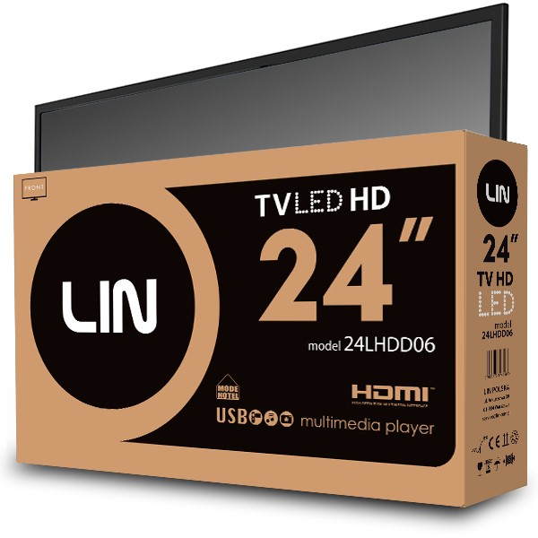 Un televisore TV LED HD da 24" nella sua scatola, con logo LIN, modello 24LHDD06.