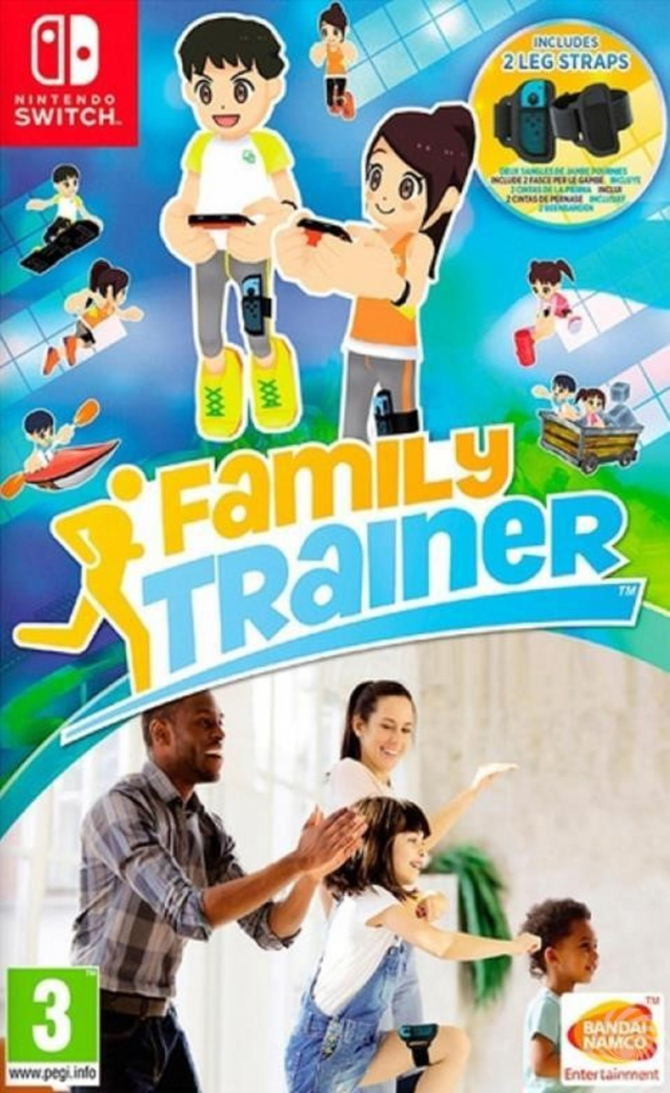 Copertina gioco Nintendo Switch con famiglie reali e cartoon che si allenano.