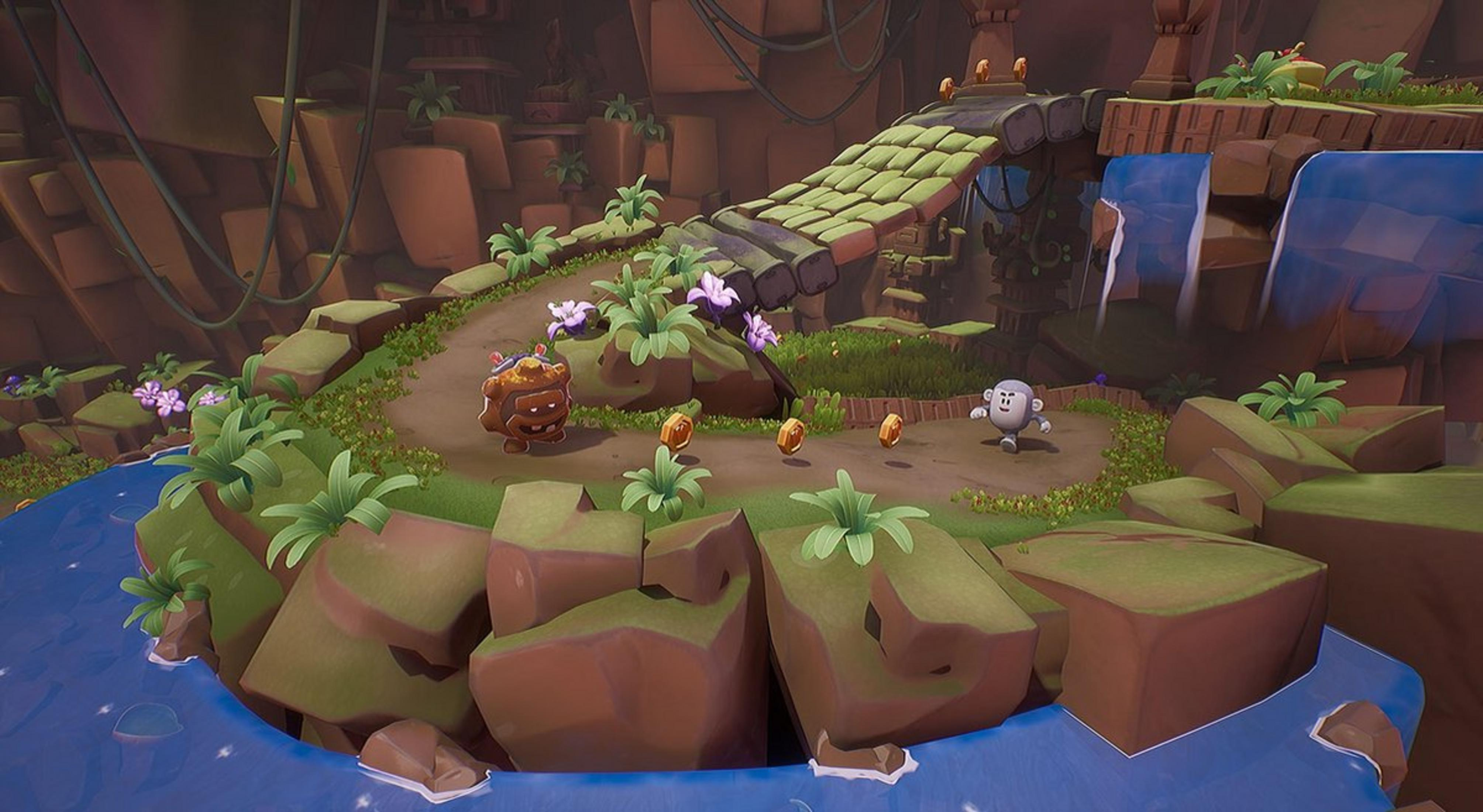 Een cartoonachtige bruine rotscreatuur en een grijze aap op een pad met munten. Jungle grot.