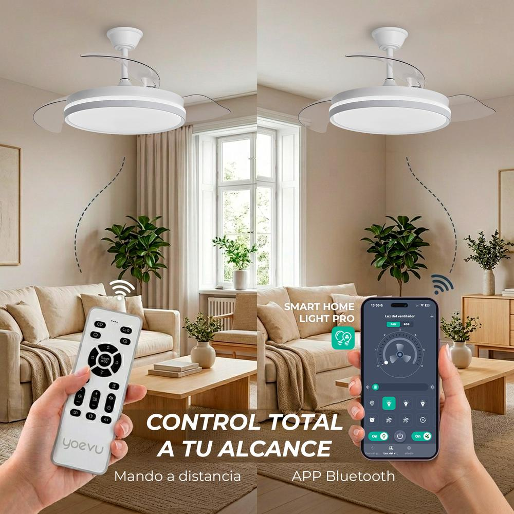 Un ventilador de techo con luz se controla por mando y app.