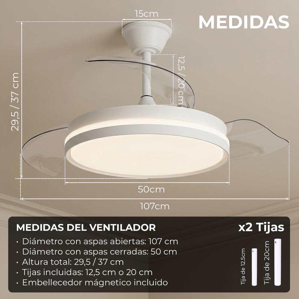 Lámpara ventilador de techo blanca con medidas, 107cm abierta, 50cm cerrada.