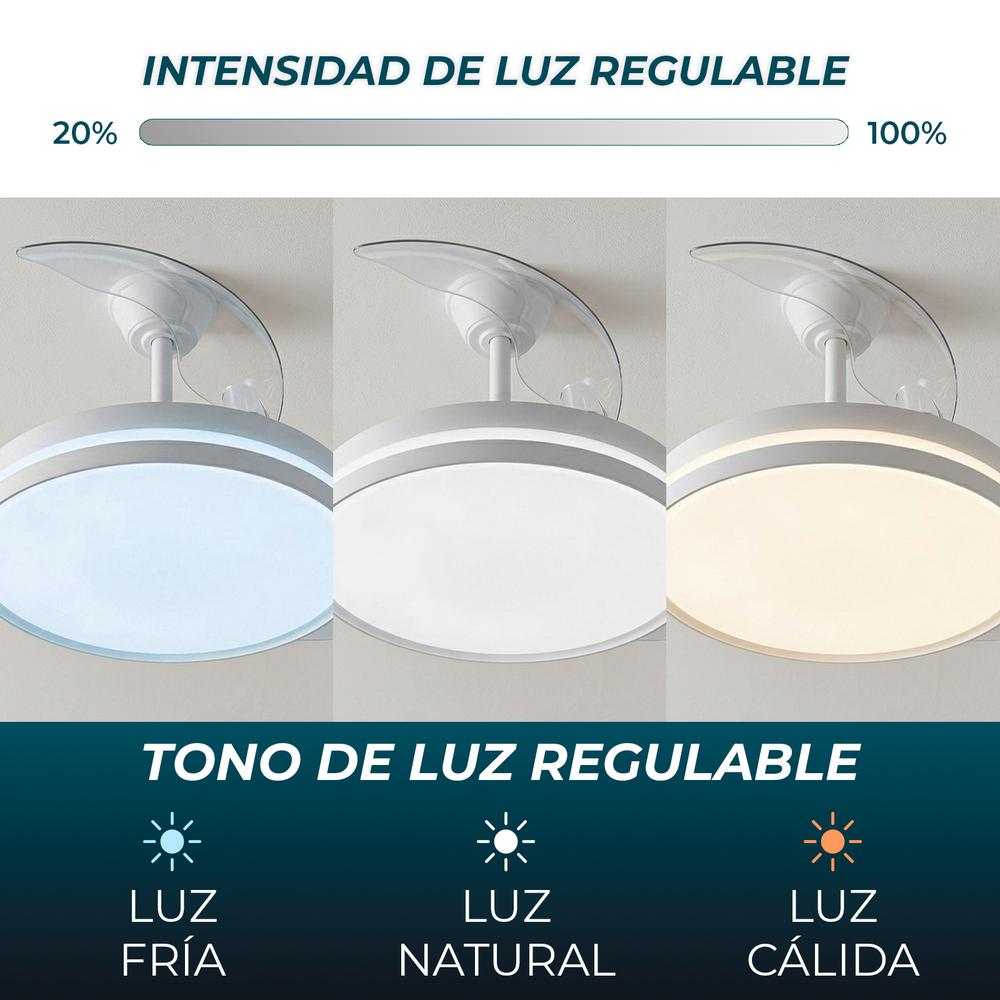 Ventilador de techo con luz en tres temperaturas de color: blanco frío, natural y cálido.