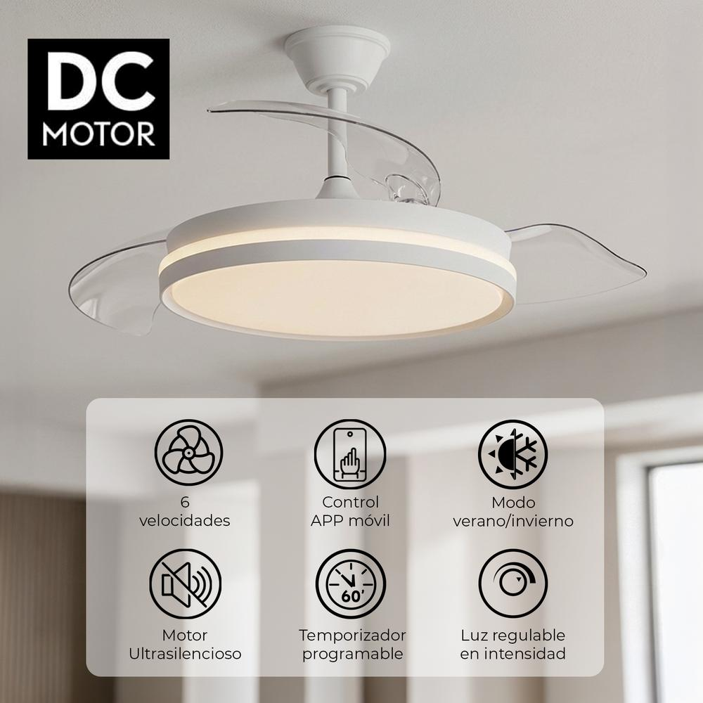 Lámpara de ventilador de techo blanca con aspas transparentes y luz LED.