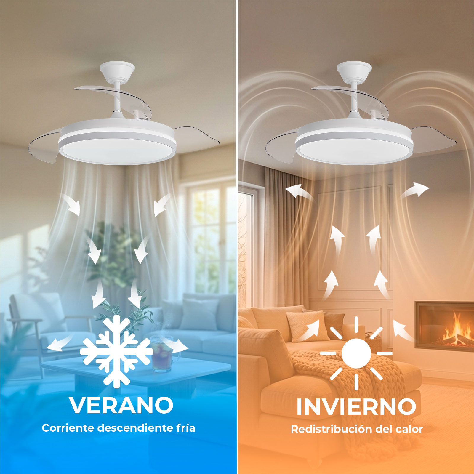 Ventilador de techo con luz, soplando aire frío hacia abajo y aire cálido hacia arriba.