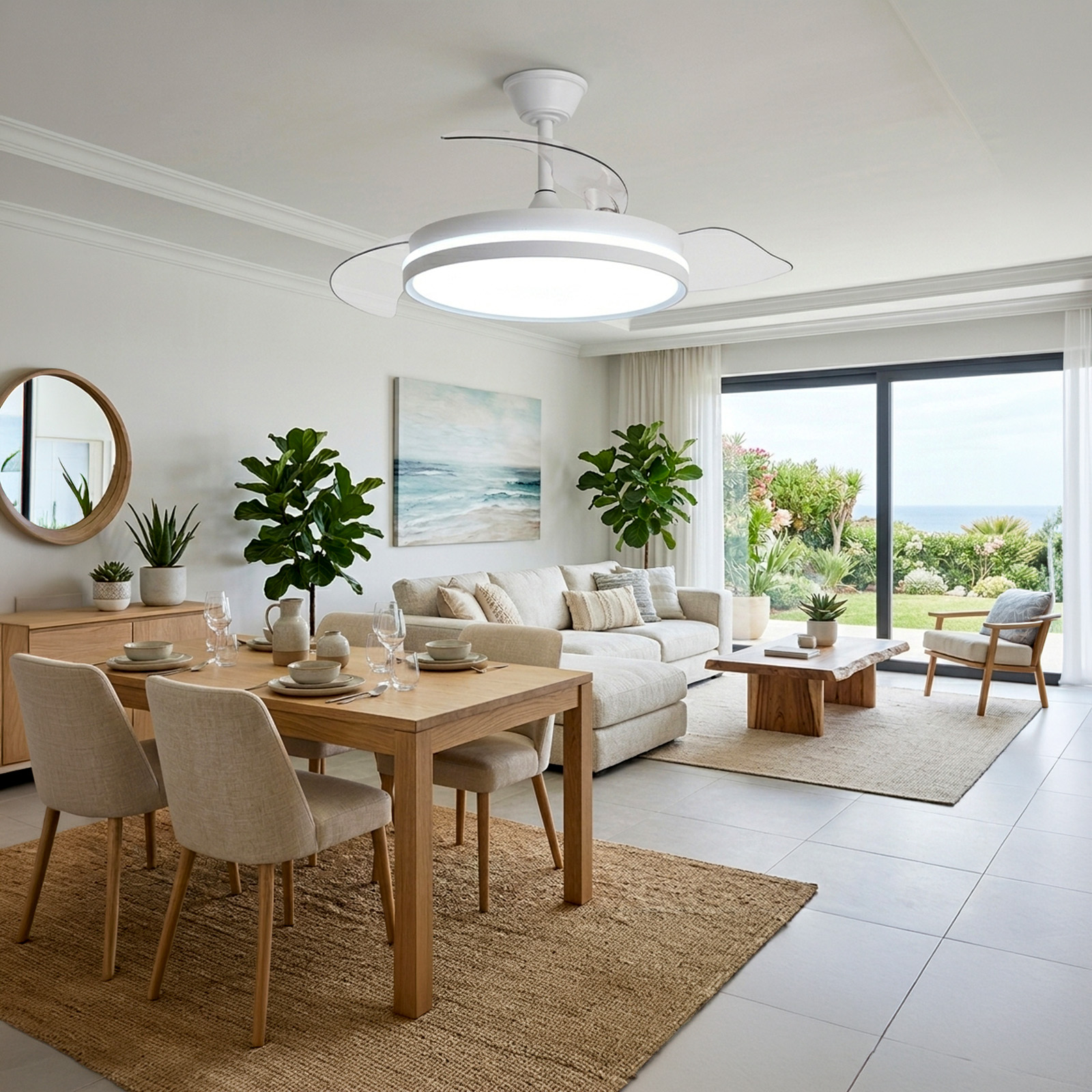 Comedor con sofá, vista al mar y ventilador de techo con luz.