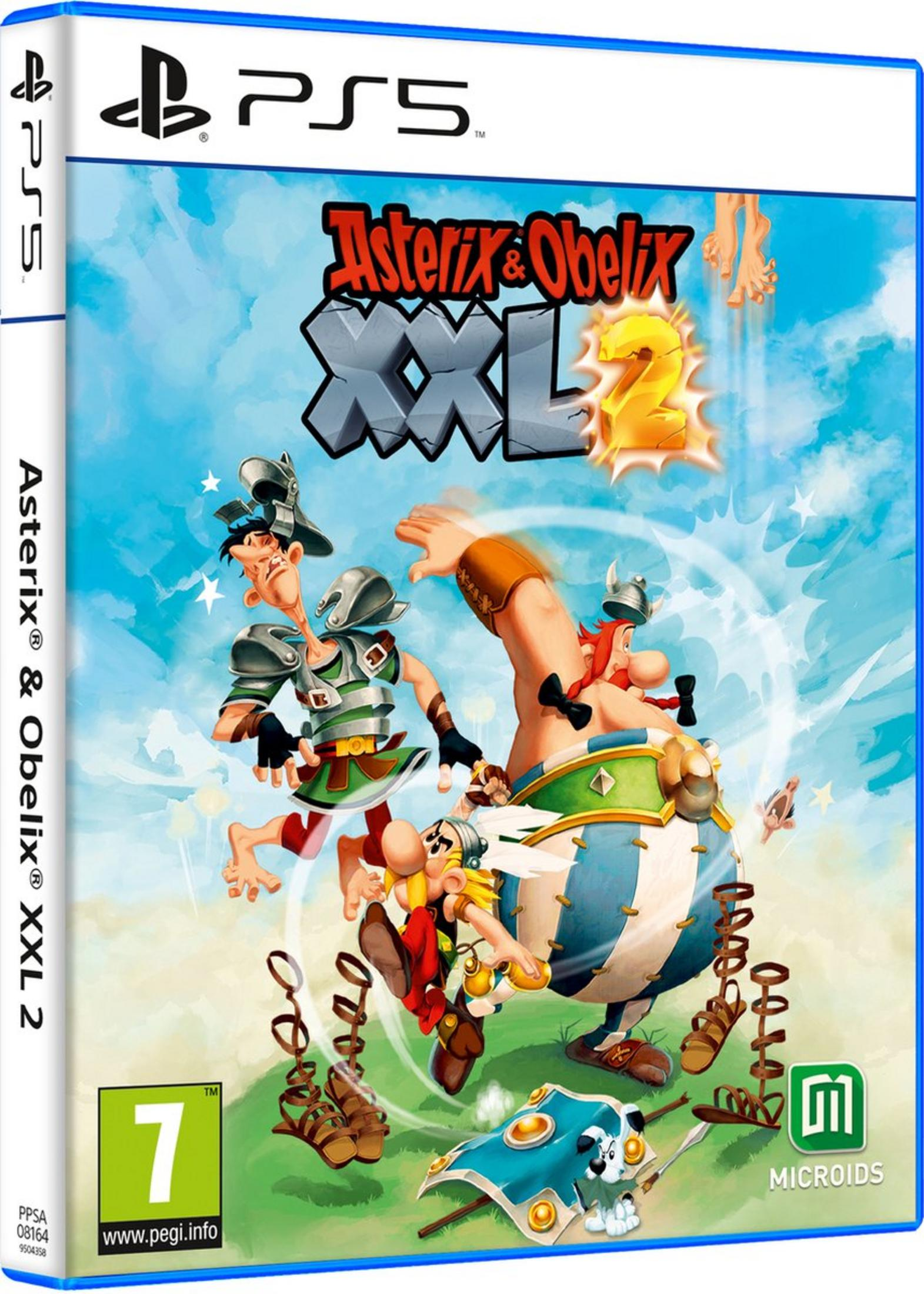 Copertina gioco PS5 Asterix & Obelix XXL 2 con personaggi dei cartoni animati, cielo.