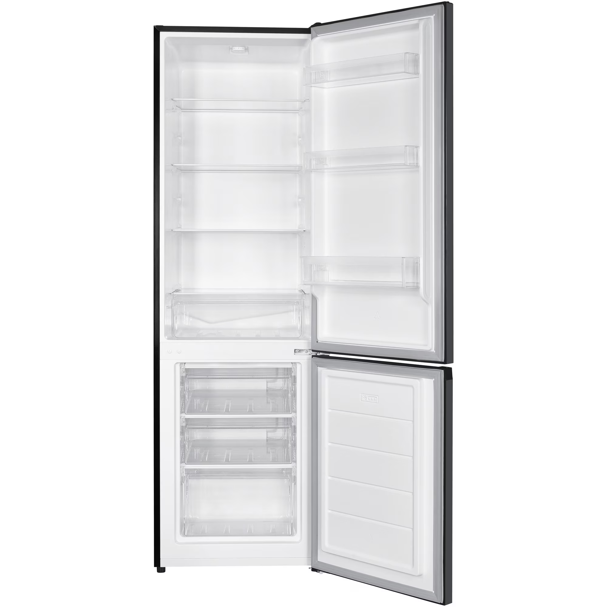 Ein offener Kühlschrank mit mehreren Fächern und Schubladen.
