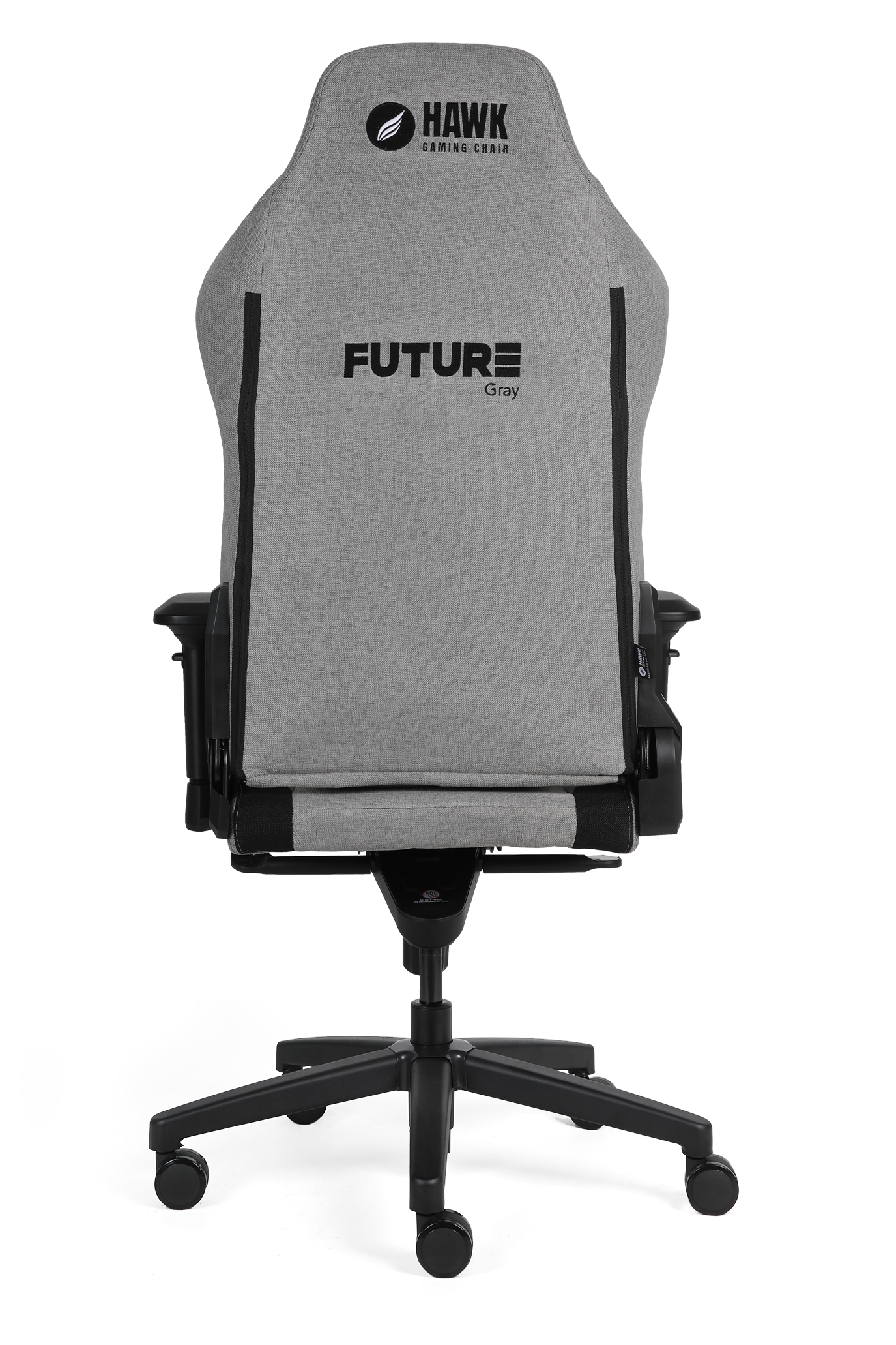 Gri oyuncu koltuğunun arkadan görünümü, üzerinde HAWK ve FUTURE Gray yazısı var.