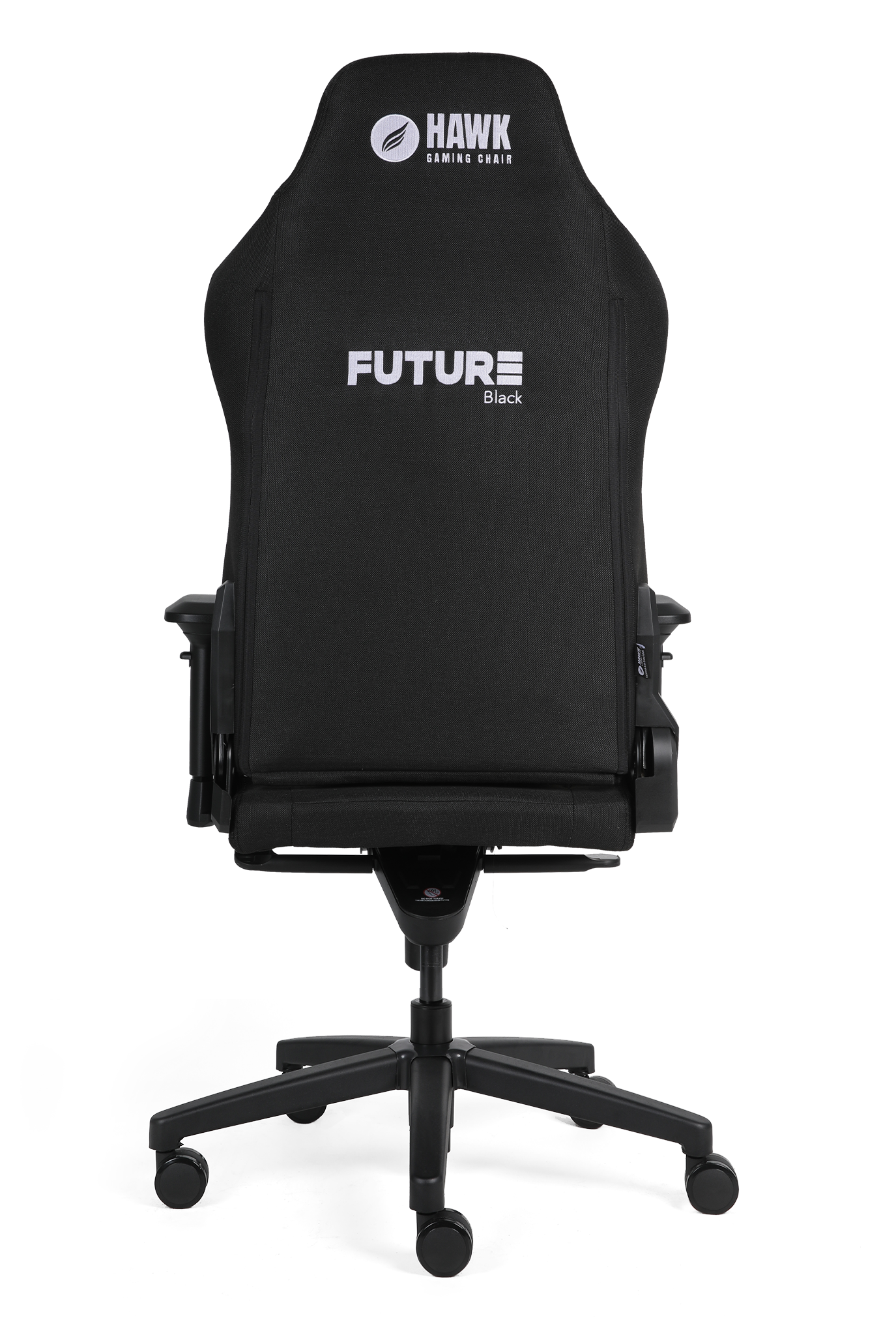 Beyaz arka plan üzerinde HAWK ve FUTURE logolu siyah oyuncu koltuğu.