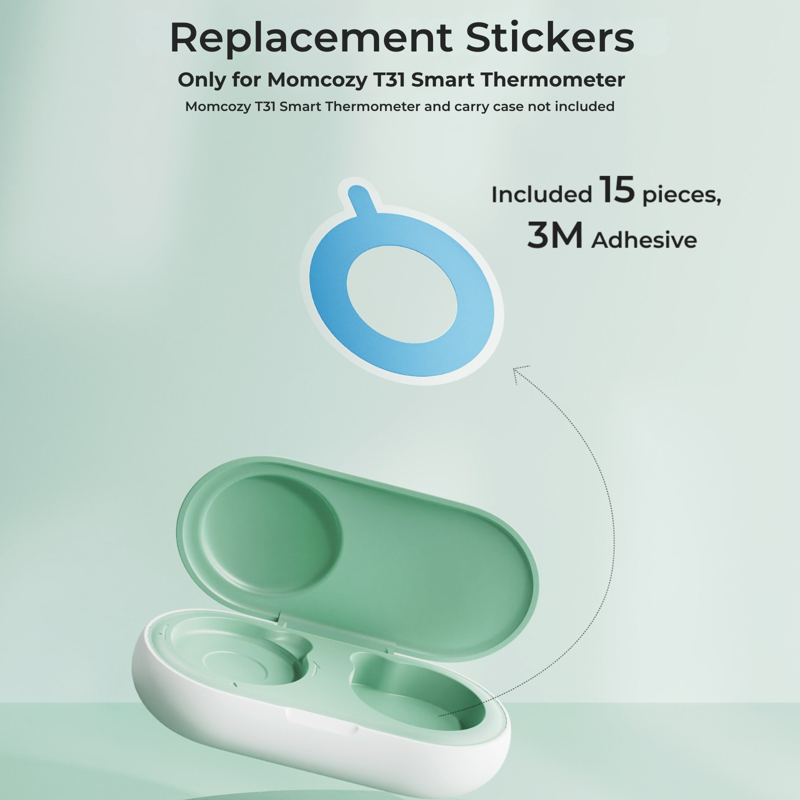 White and green case with blue sticker. 15 pieces of 3M adhesive.