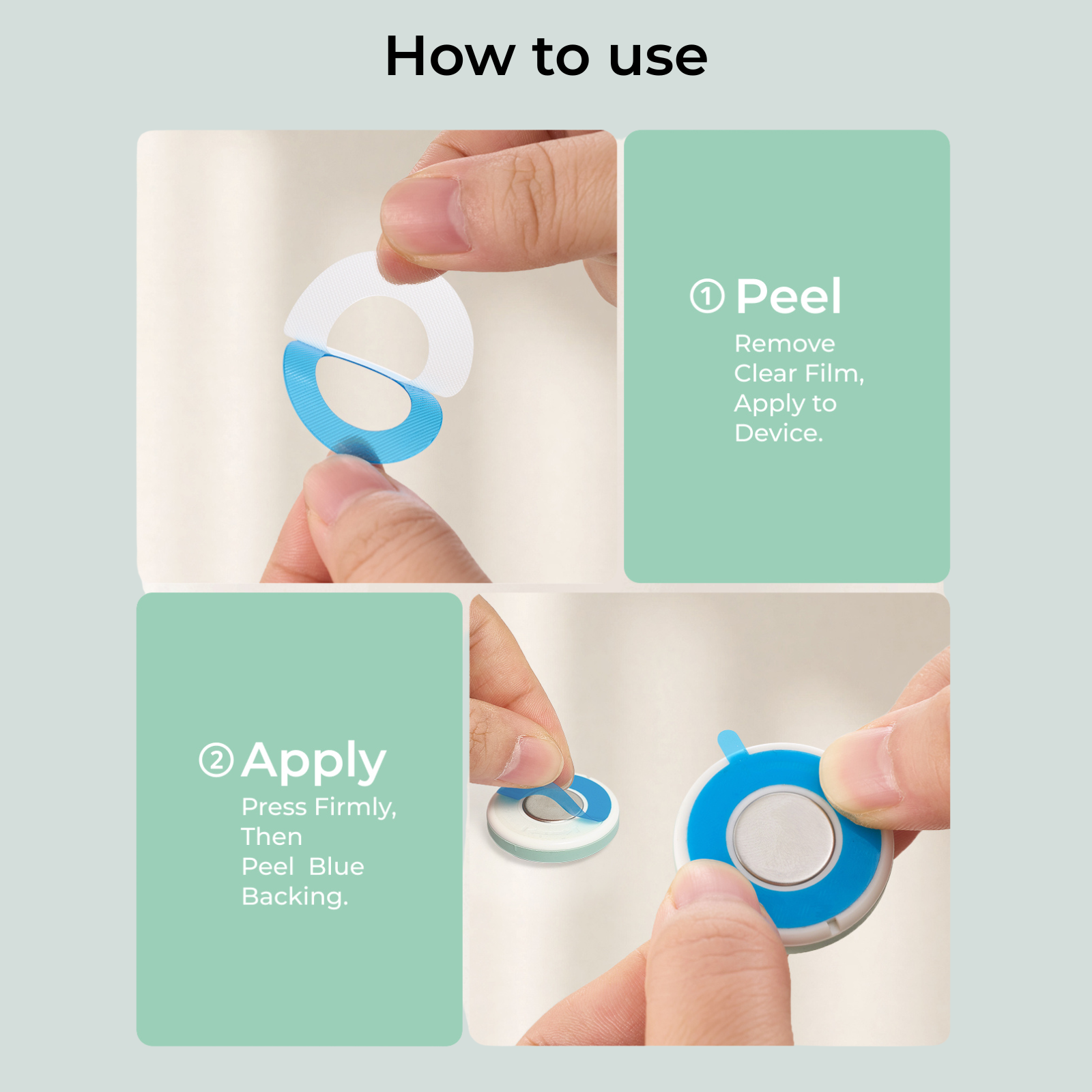 Step 1: Peel, Step 2: Apply. Hands shown applying sticker.
