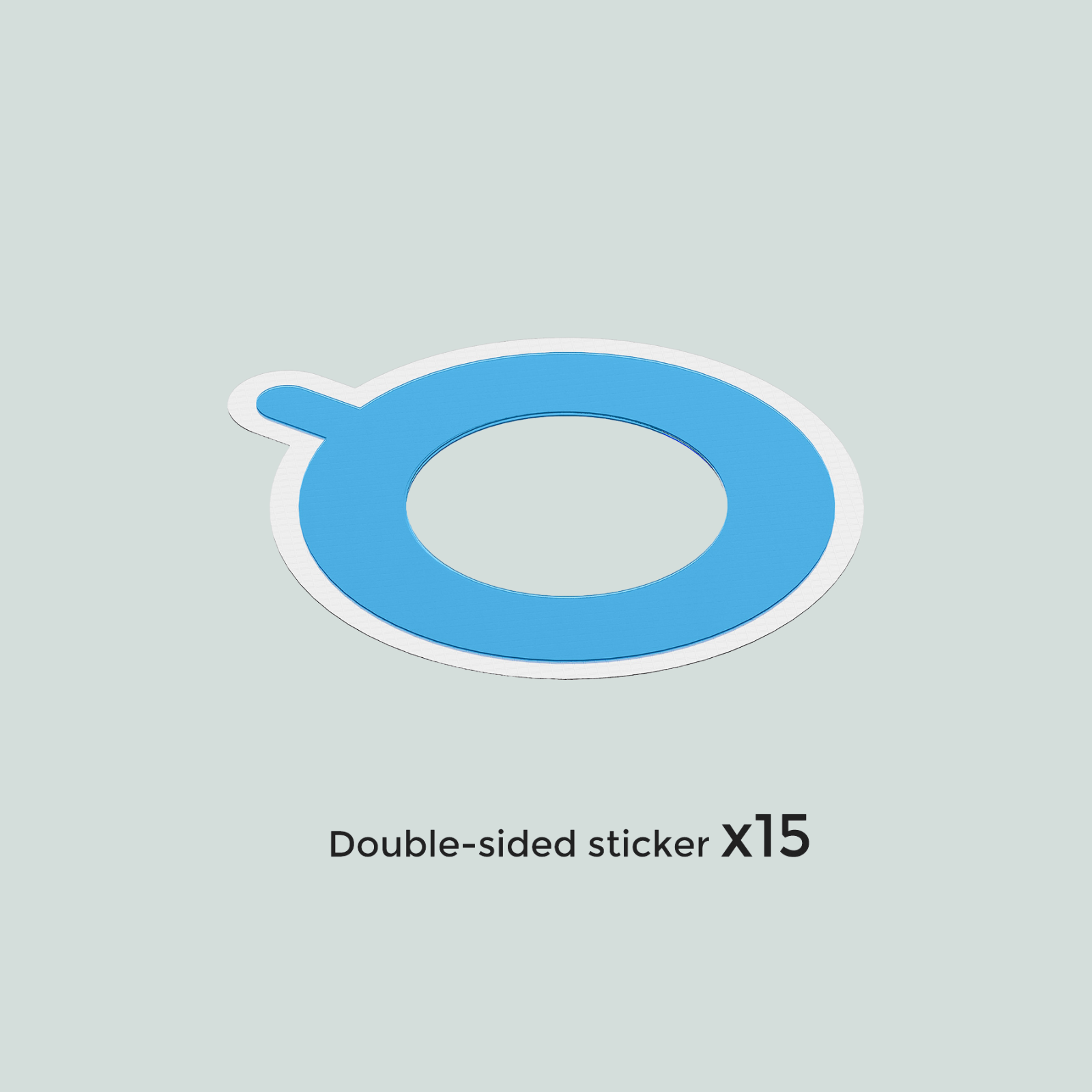 A blue, oval sticker with a white border on a gray background.