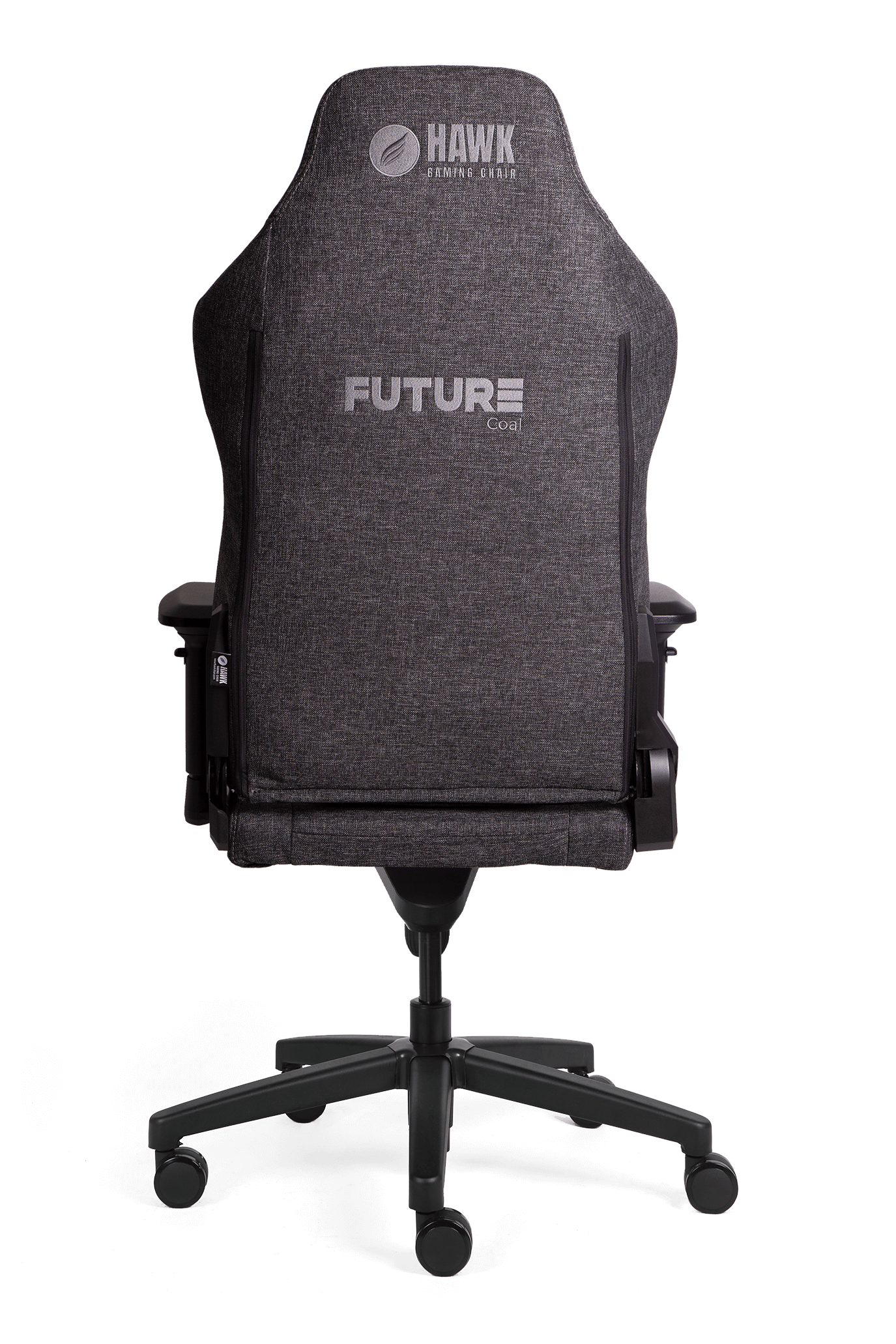 Koyu gri Hawk oyun sandalyesinin arkadan görünümü, "FUTURE Coal" yazılı.