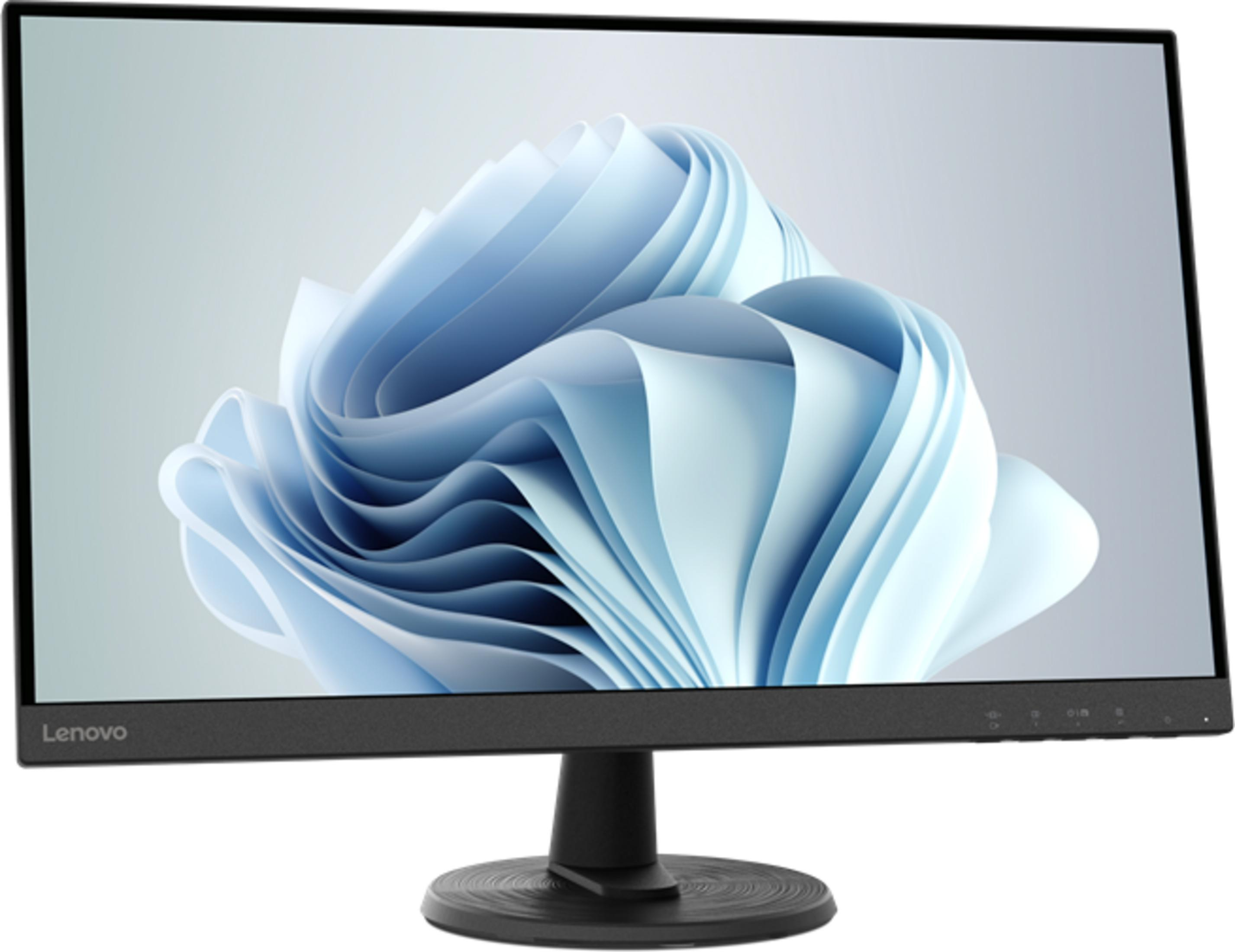 A black Lenovo monitor displaying a blue abstract wallpaper.
