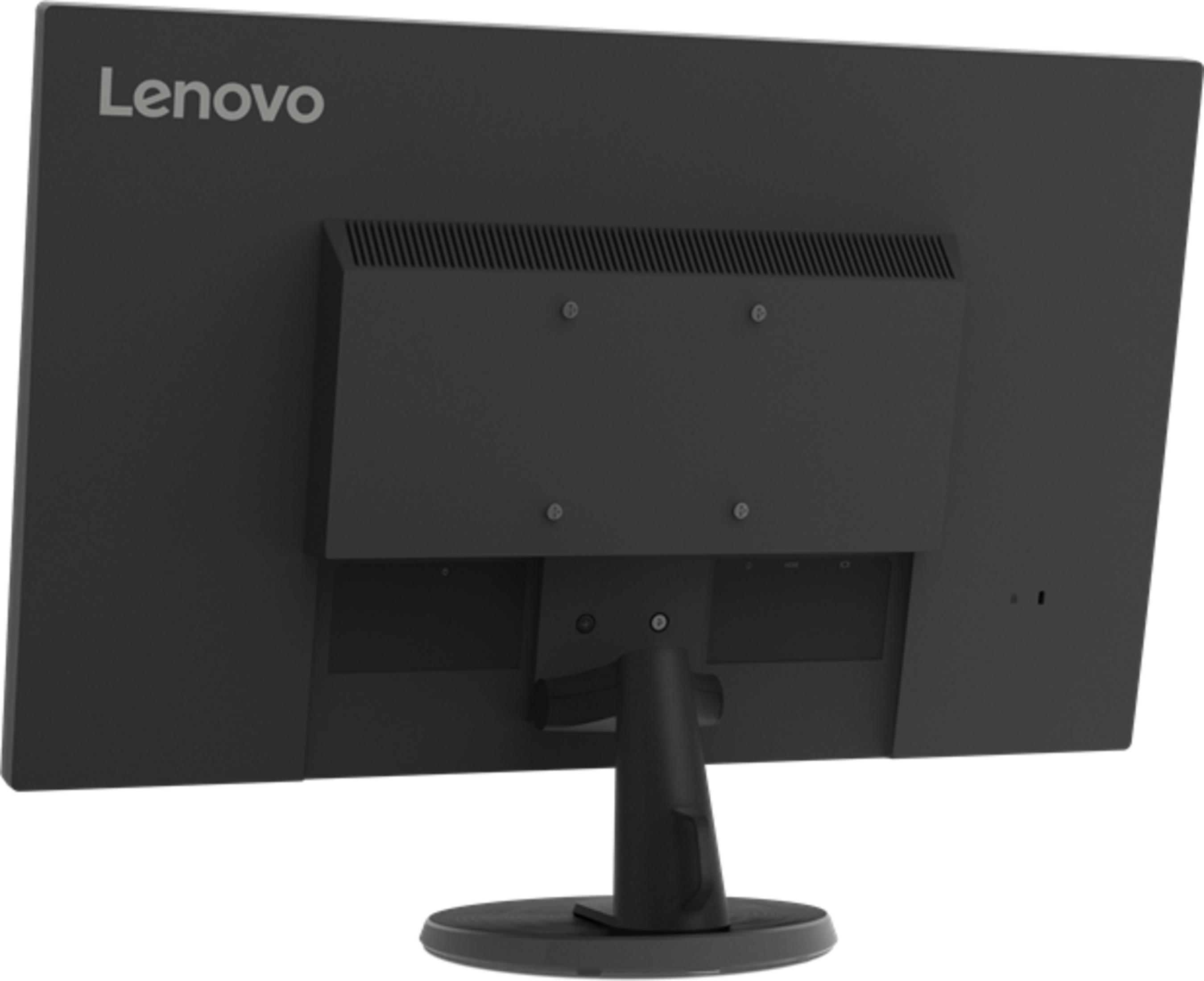 Back view of a black Lenovo monitor with vents and connection area.
