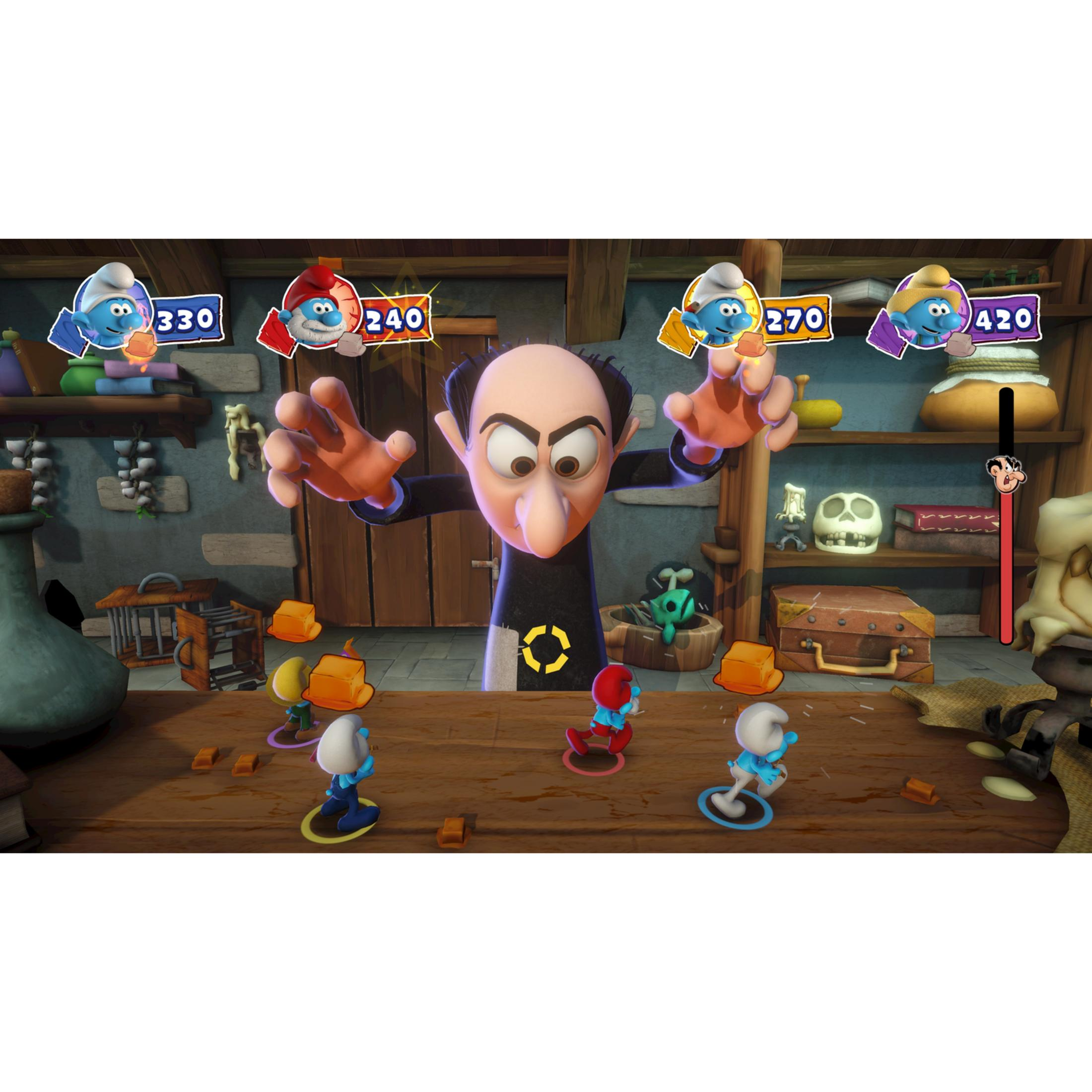 Gargamel met vier smurfen op een houten tafel, met scores erboven.