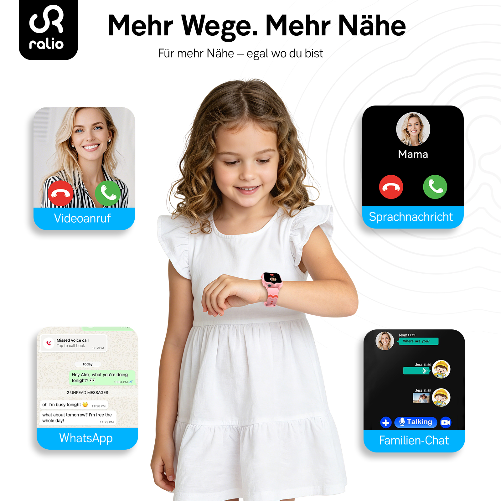 Ein Mädchen trägt eine pinke Smartwatch und schaut darauf. Daneben sind App-Vorschauen.