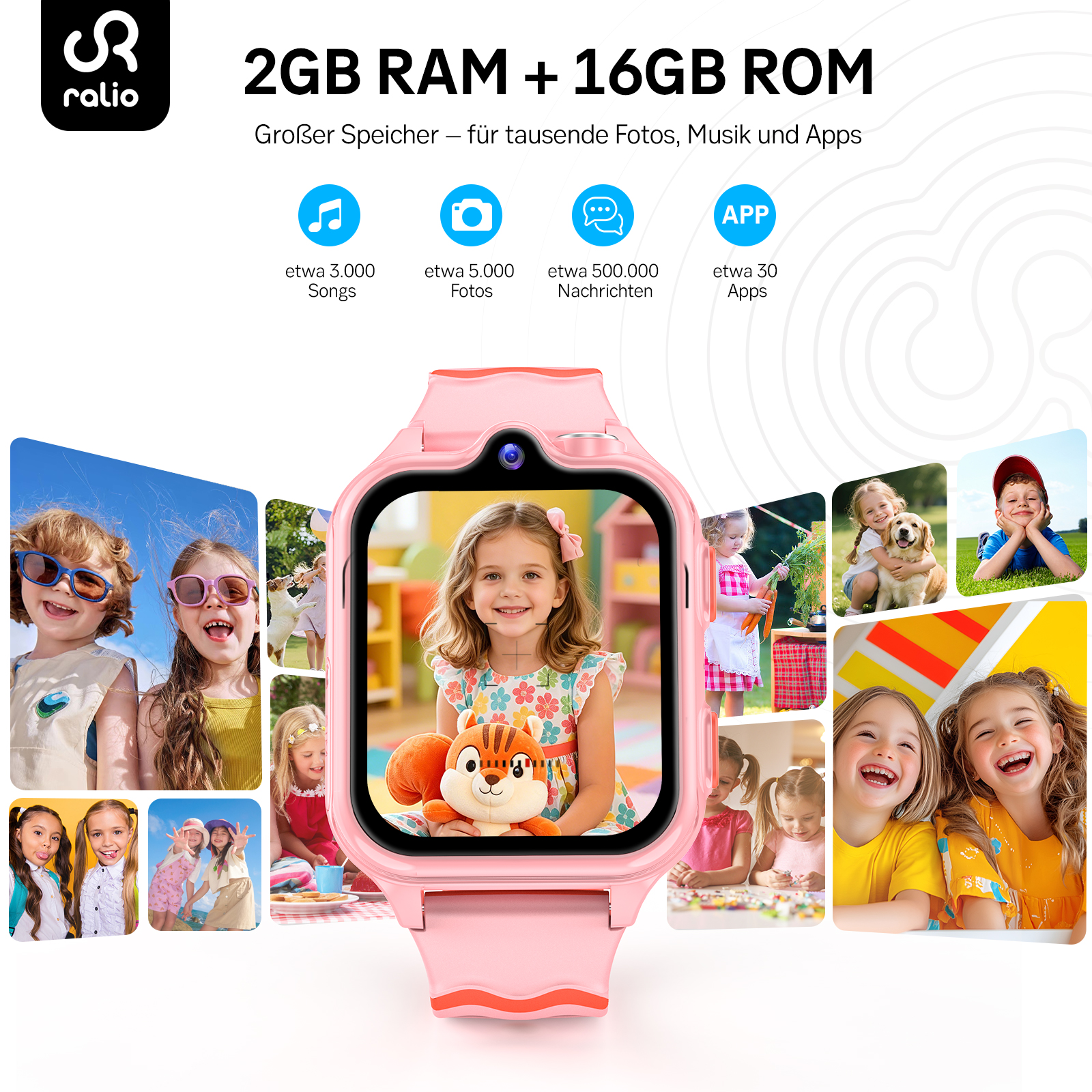 Ein rosa Smartwatch-Bildschirm zeigt ein lächelndes Mädchen mit Eichhörnchen-Plüschtier.