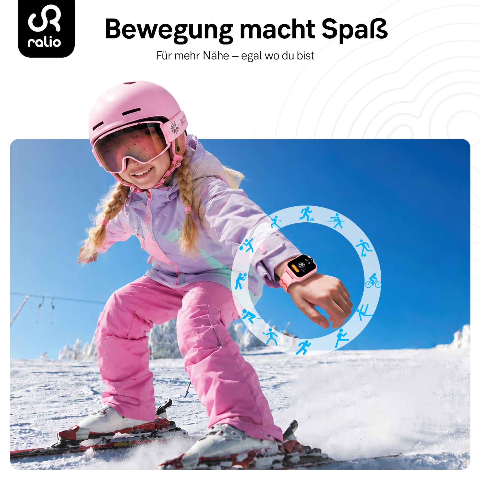 Ein Mädchen in pinker Skikleidung fährt Ski, trägt eine pinke Helm und eine Smartwatch.