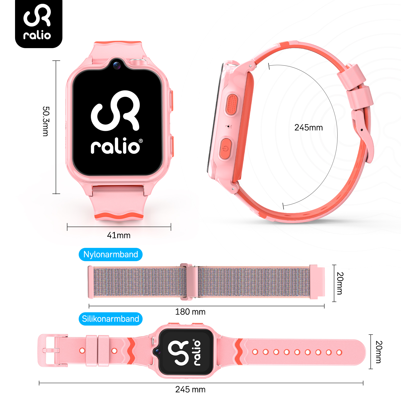 Ein pinkes Kinder-Smartwatch mit zwei Armbändern: Nylon und Silikon.