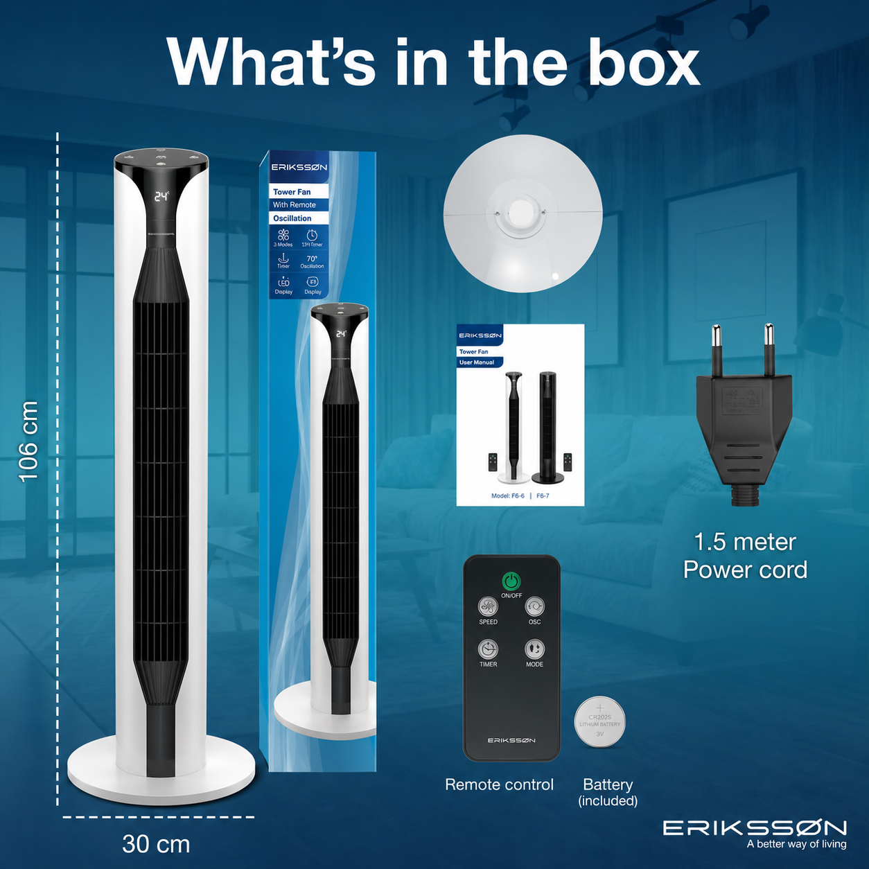 Contenido de la caja: Ventilador de torre, mando, batería, cable de alimentación, manual.