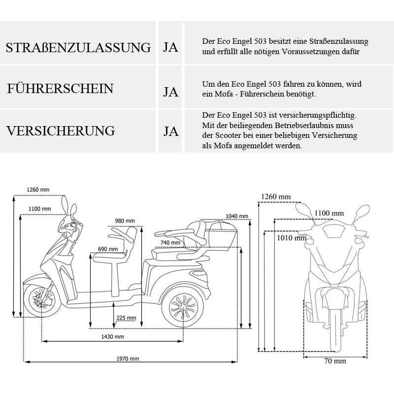 Technische Zeichnungen eines Scooters mit Maßen und Zulassungsinformationen.
