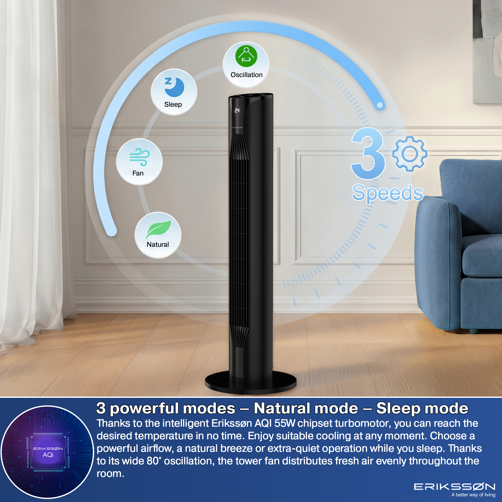 Ventilador de torre negro con 3 modos: Sueño, Ventilador, Natural. 3 velocidades.