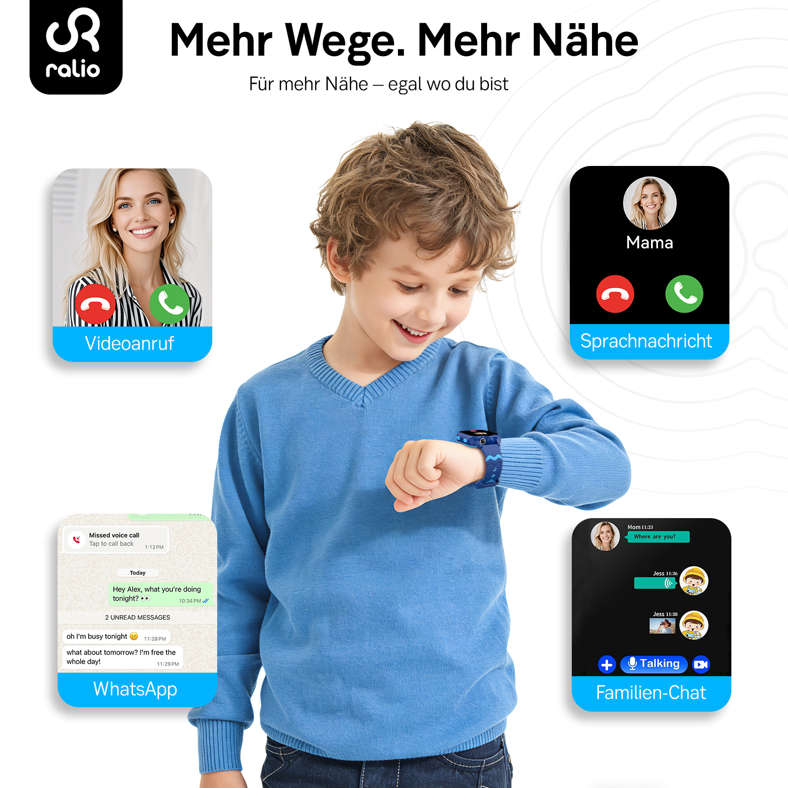 Ein Junge schaut auf seine Smartwatch, umgeben von Benachrichtigungen.