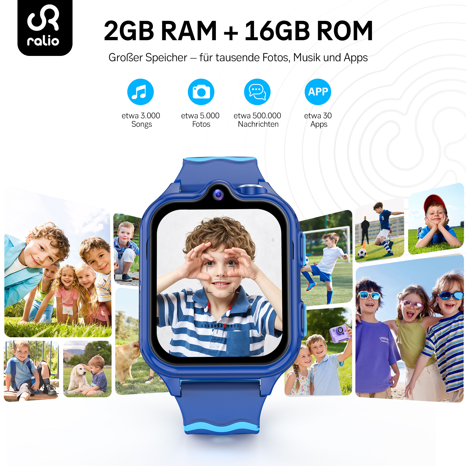 Blaues Kinder-Smartwatch mit Fotos von Kindern, Musik und Apps.