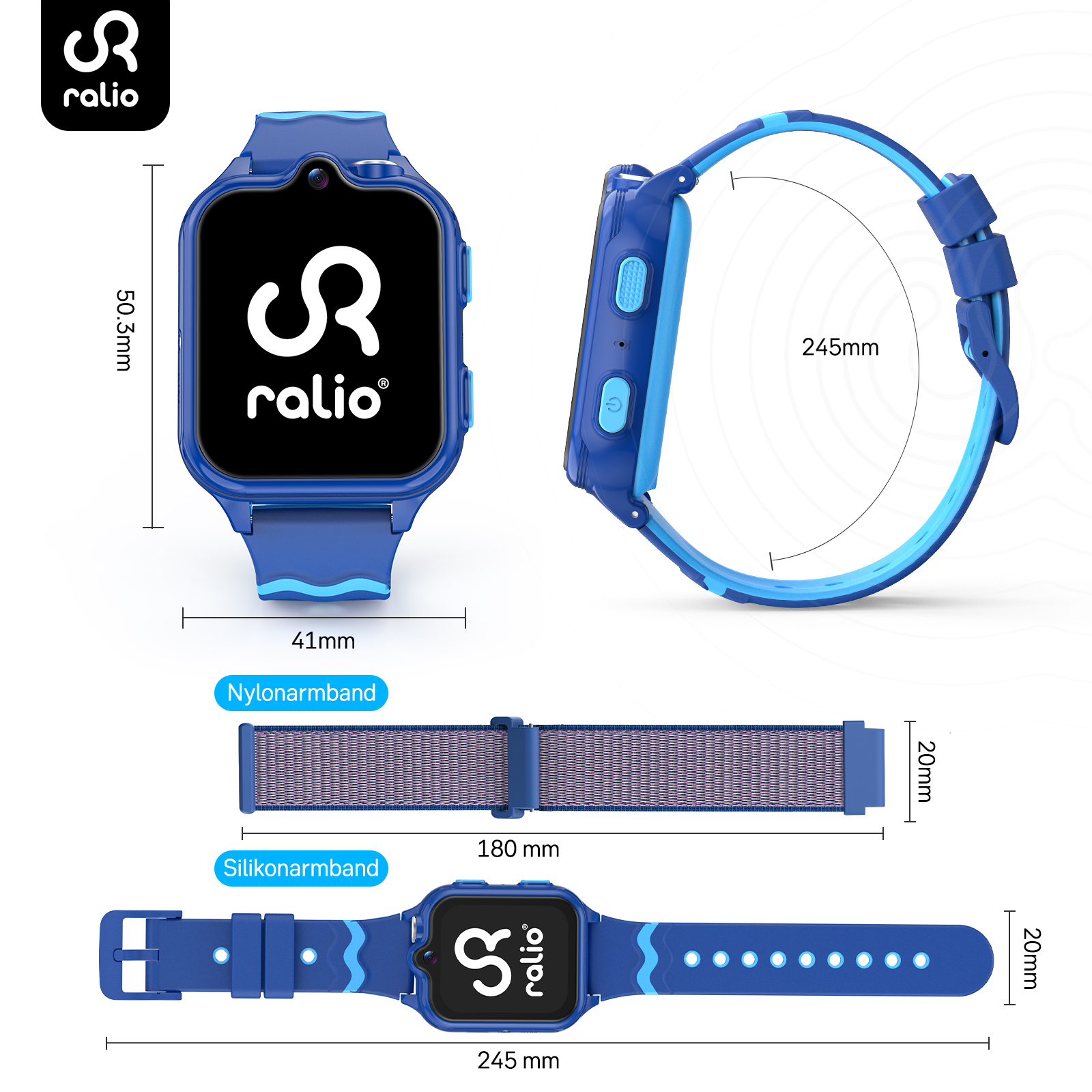 Ein blaues Kinder-Smartwatch-Set mit Maßen und zwei Armbändern.