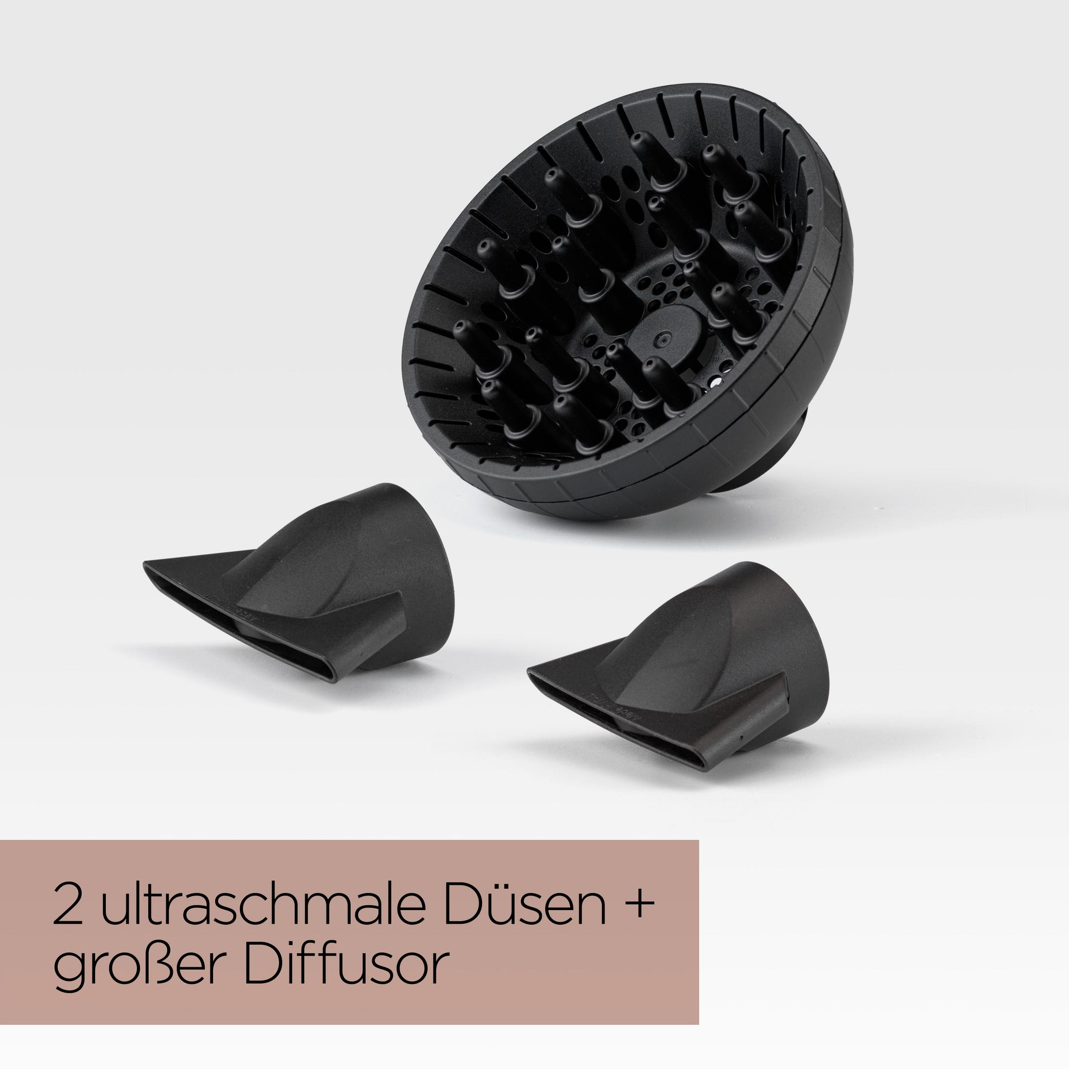 Un diffusore nero con due ugelli stretti su sfondo chiaro.