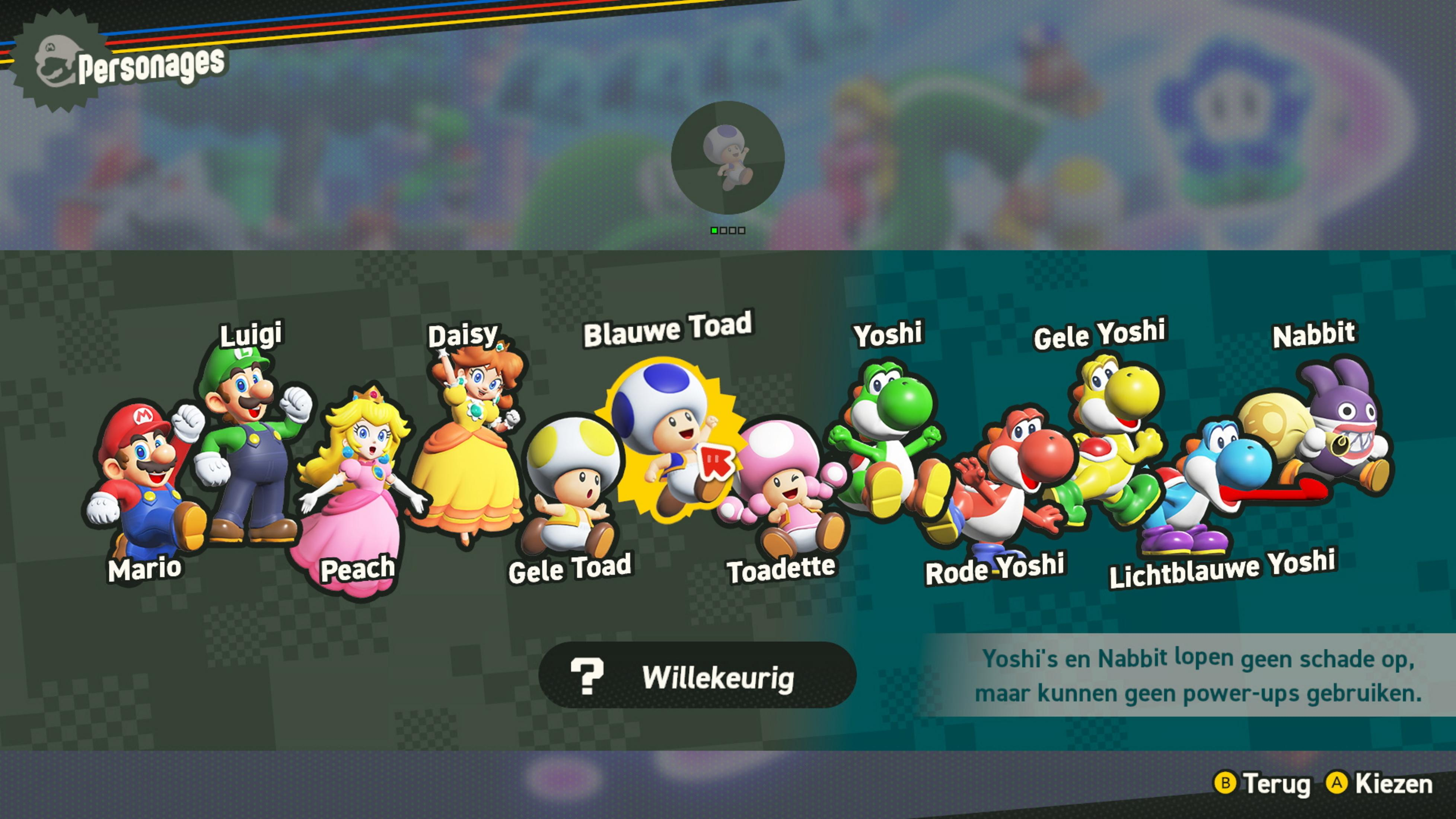 Mario, Luigi, Peach, Daisy, Toad, Yoshi e Nabbit come personaggi in un gioco.