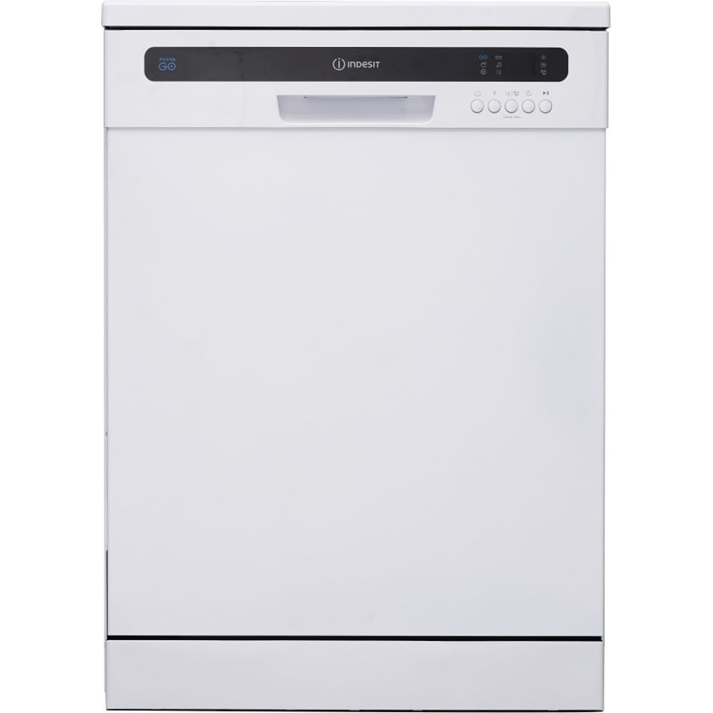 Una lavastoviglie bianca freestanding con pannello di controllo e maniglia.