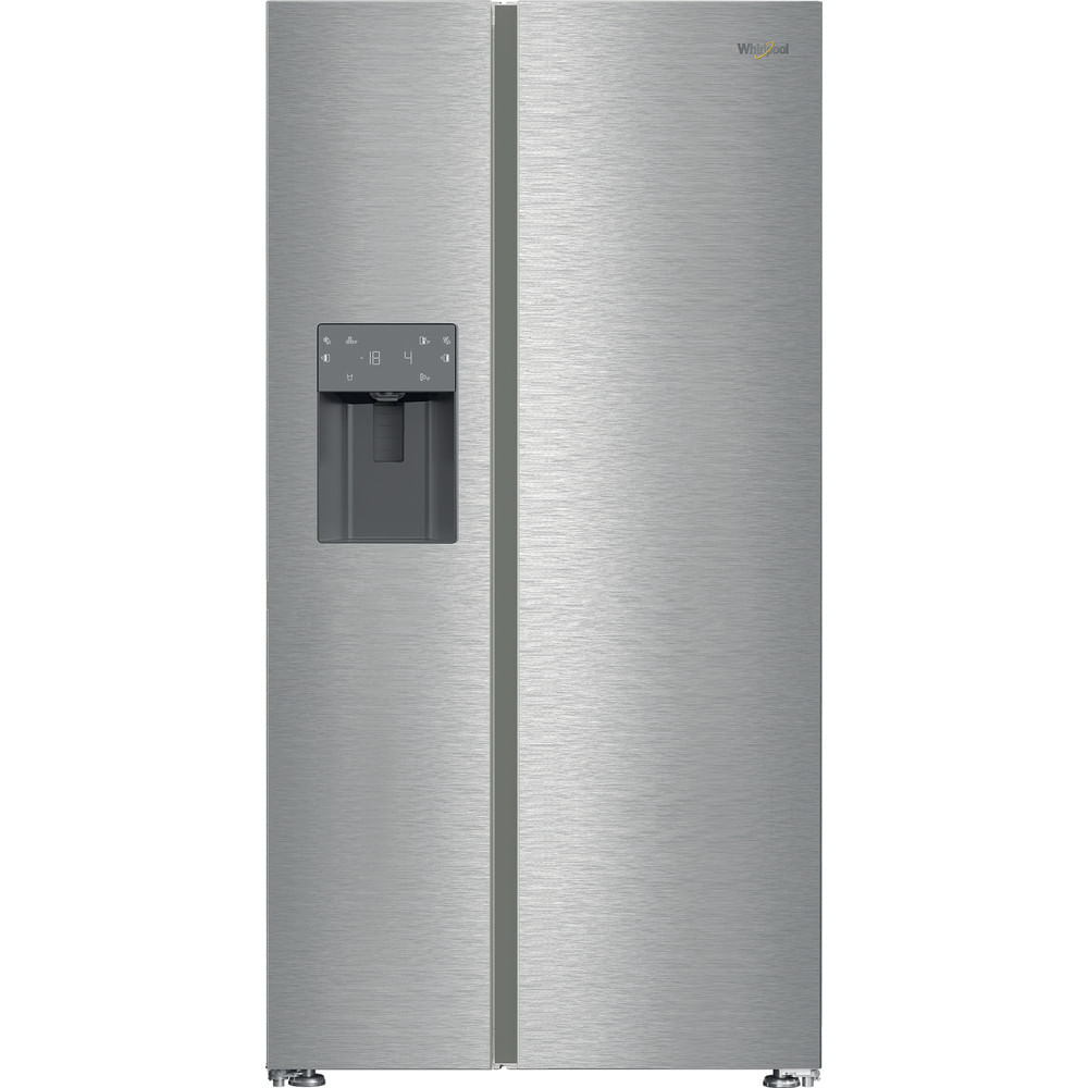 Zilveren side-by-side koelkast met waterdispenser en digitaal display.