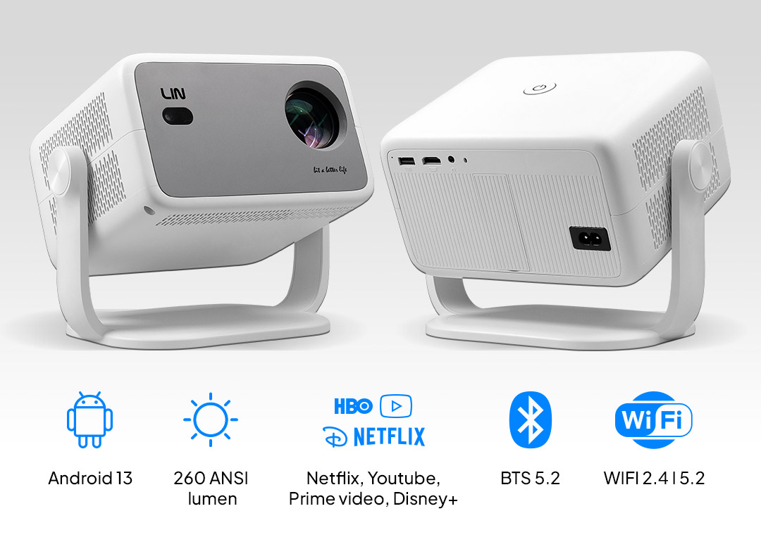 Dwa białe projektory na stojakach. Poniżej ikony: Android 13, 260 lumenów ANSI, streaming, Bluetooth 5.2, WiFi.