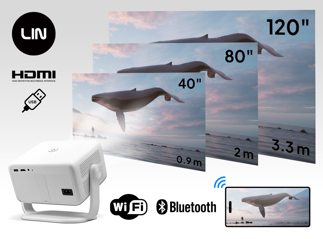 Biały projektor wyświetla obraz wieloryba w różnych rozmiarach (40", 80", 120").