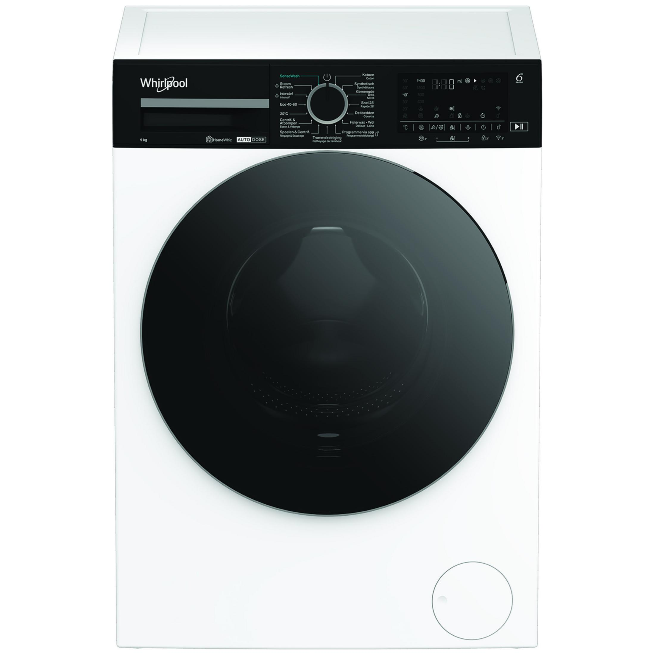 Een witte Whirlpool wasmachine met een zwart deur en bedieningspaneel.