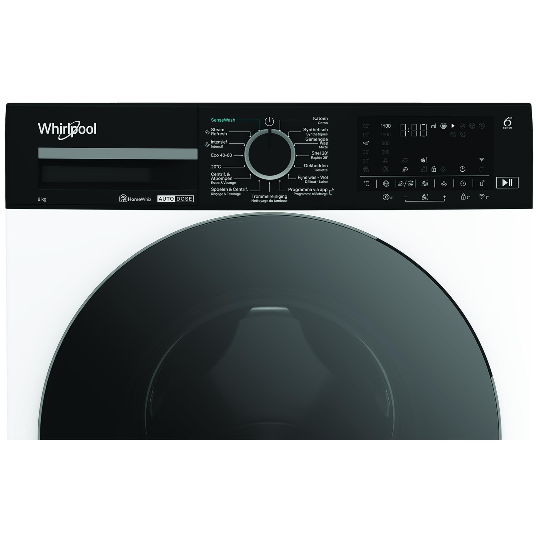 Bedieningspaneel van een Whirlpool wasmachine met programmakiezer en display.