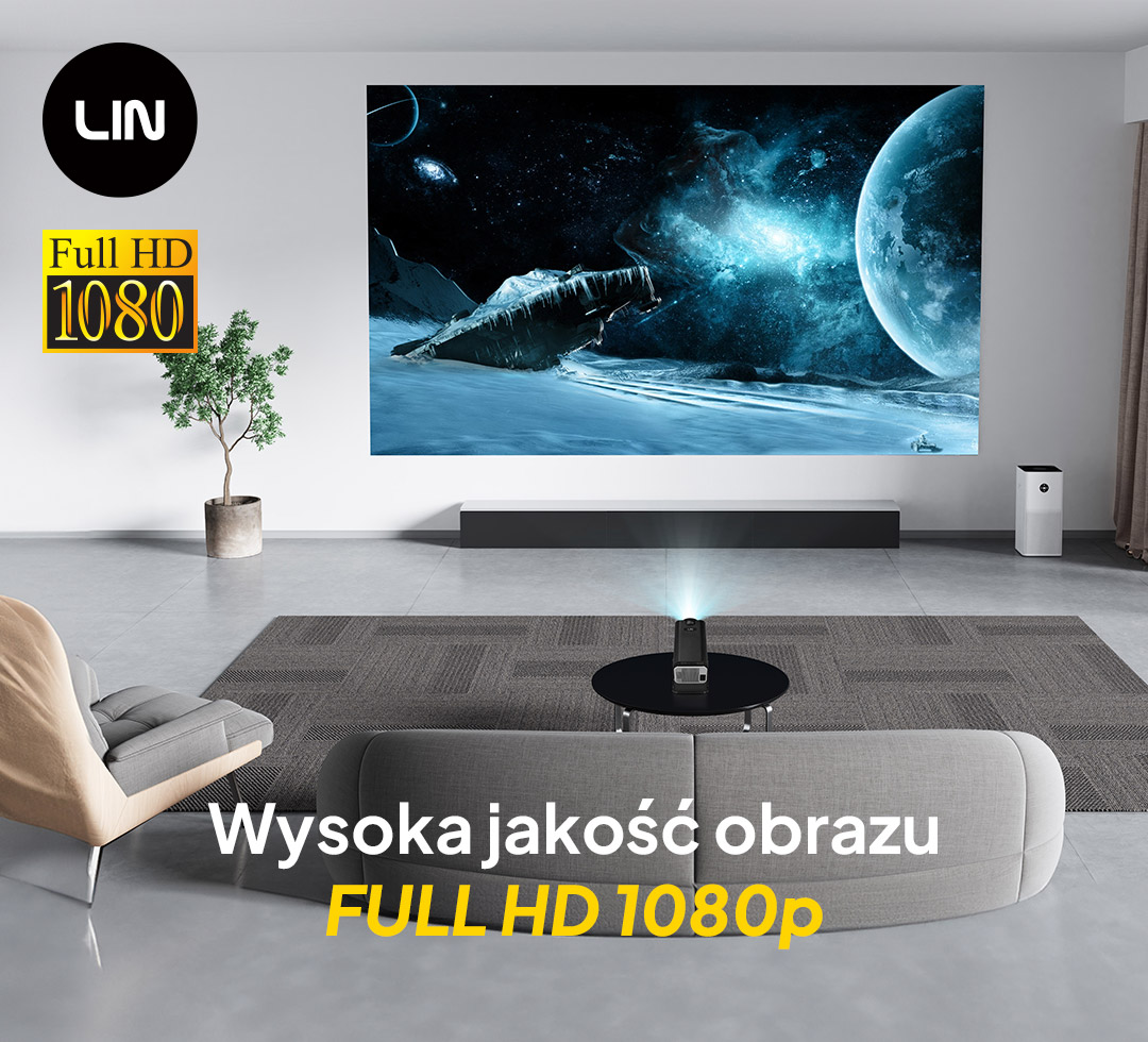 Nowoczesny salon z projektorem wyświetlającym scenę kosmiczną na ekranie.