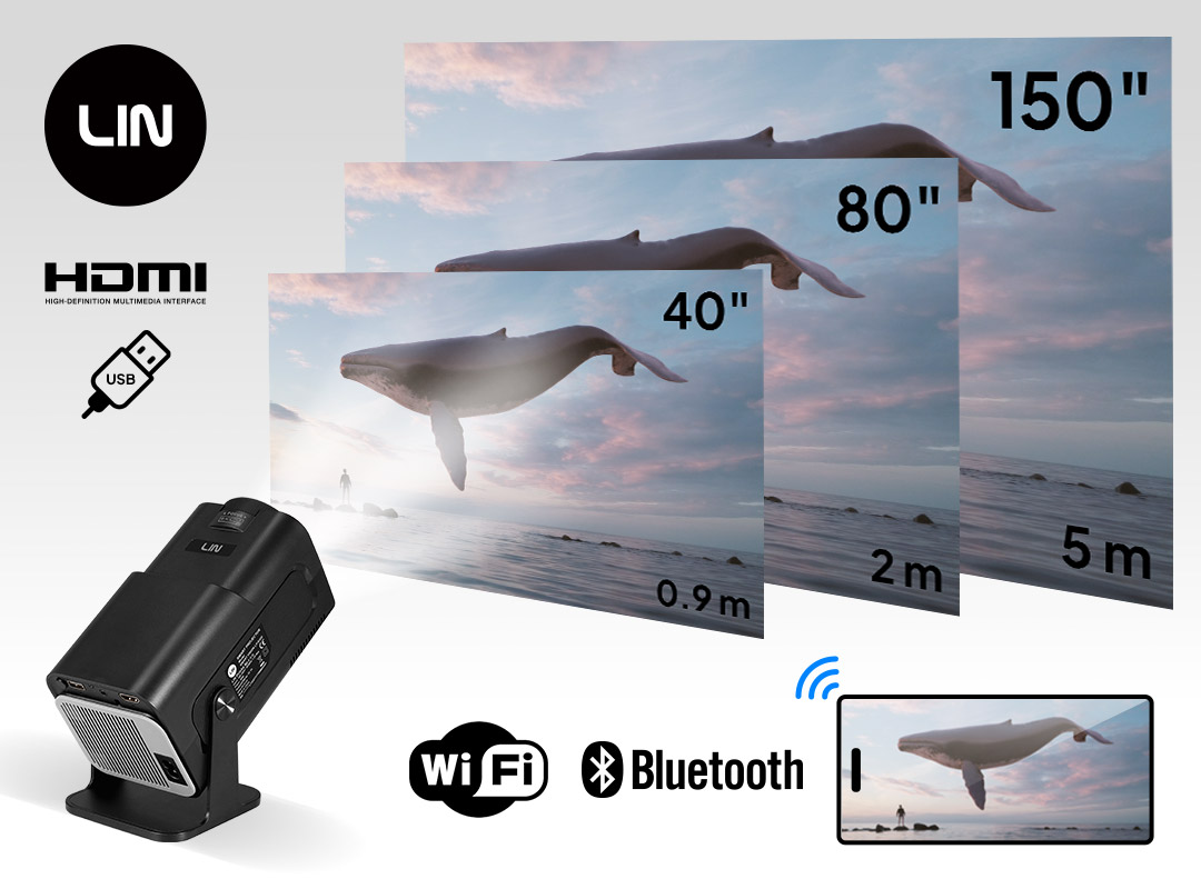 Czarny projektor z ikonami HDMI, USB, Wi-Fi, Bluetooth. Obrazy pokazują rozmiary projekcji wieloryba.