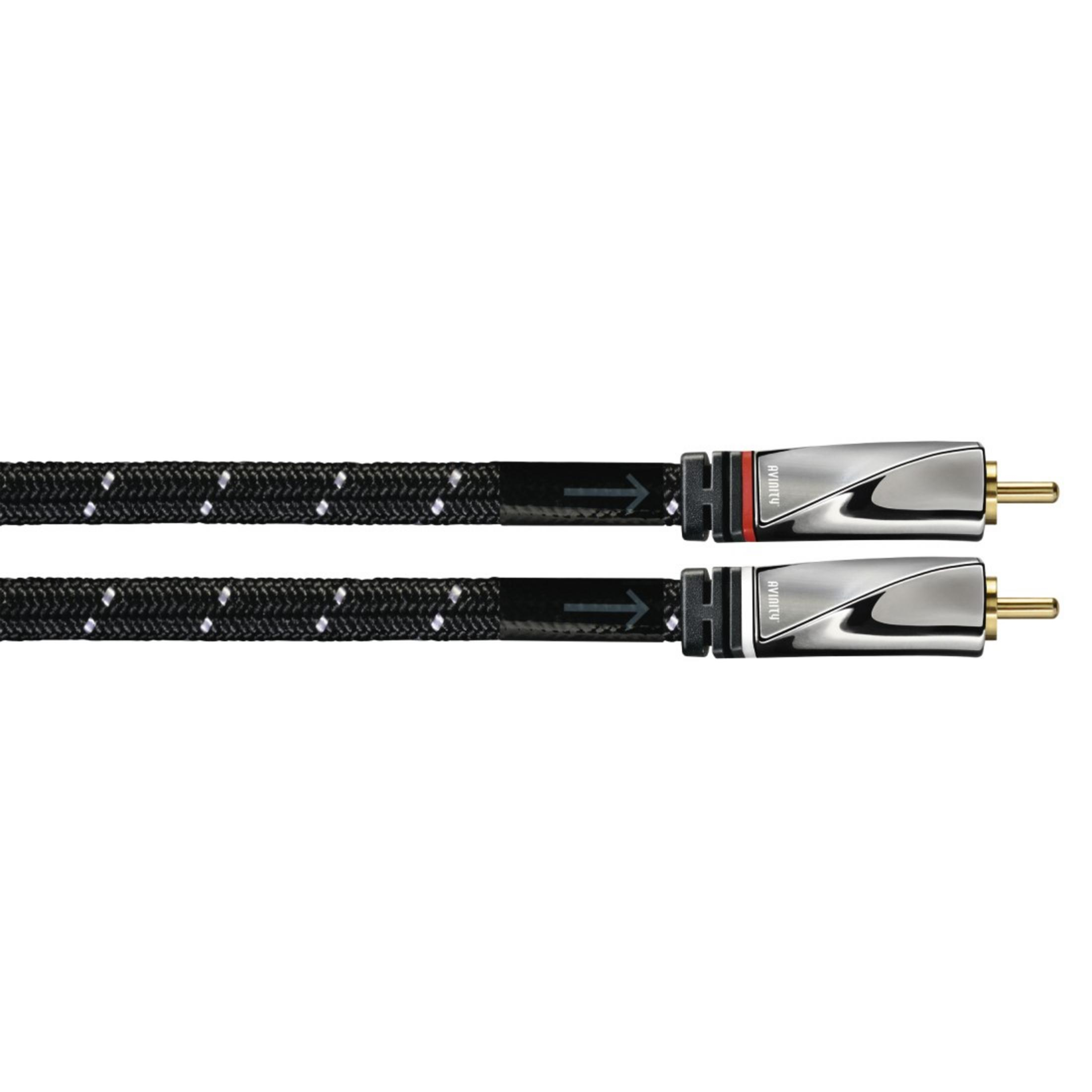 Due cavi audio neri a pois bianchi con connettori argentati.