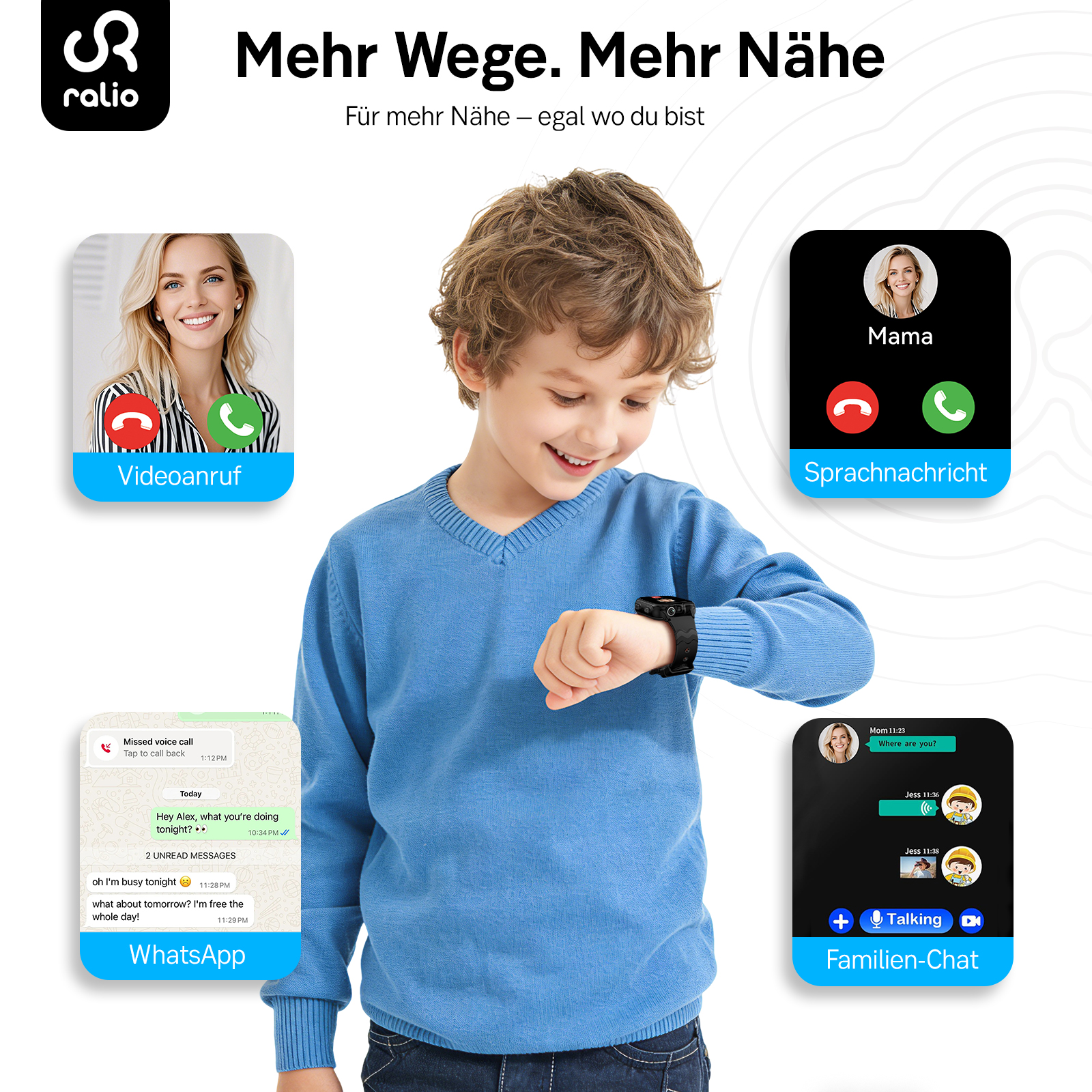Ein Junge trägt eine Smartwatch, die Videoanrufe, Nachrichten und Chats anzeigt.