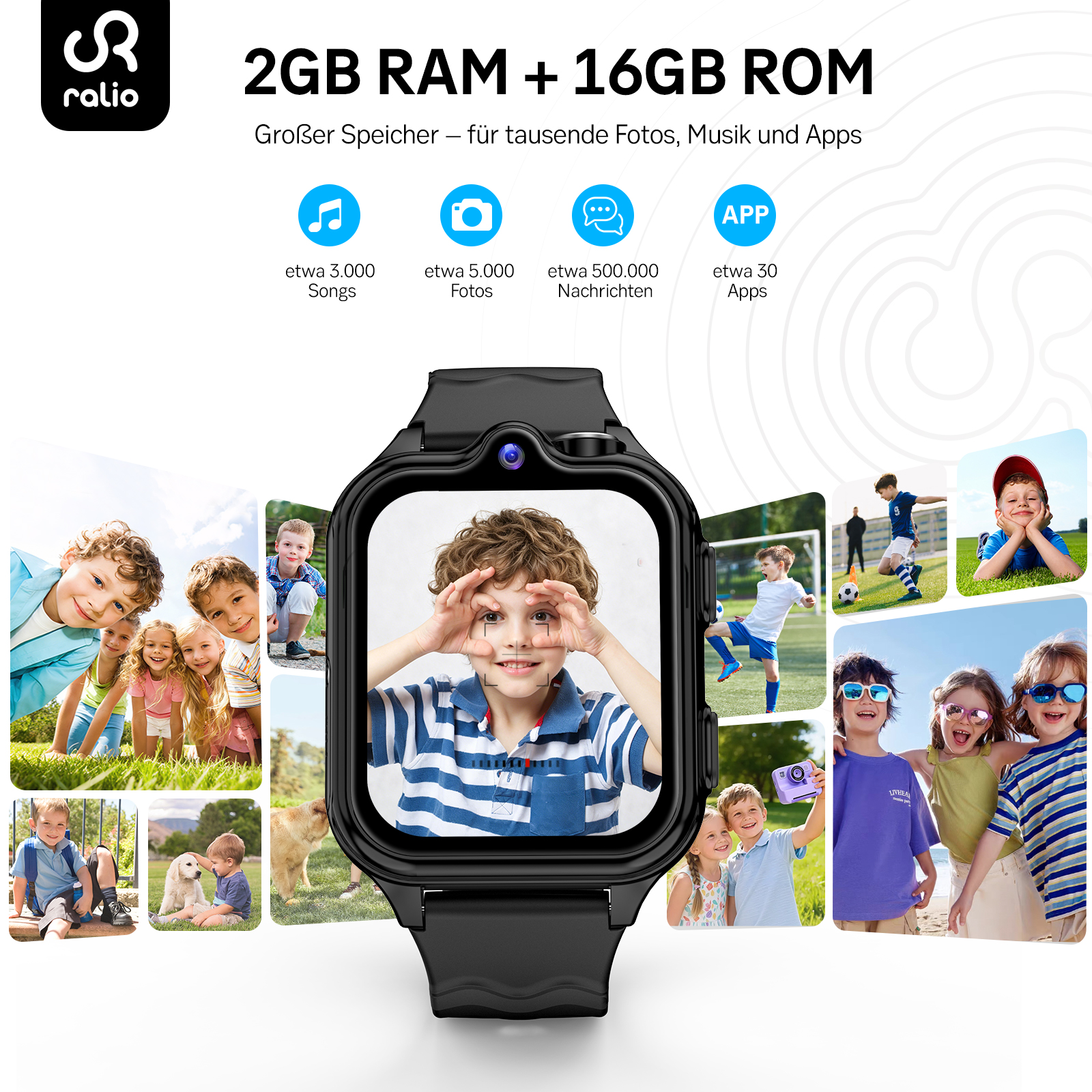 Smartwatch mit Kindern auf Fotos, Fußball und Musik-Symbolen.