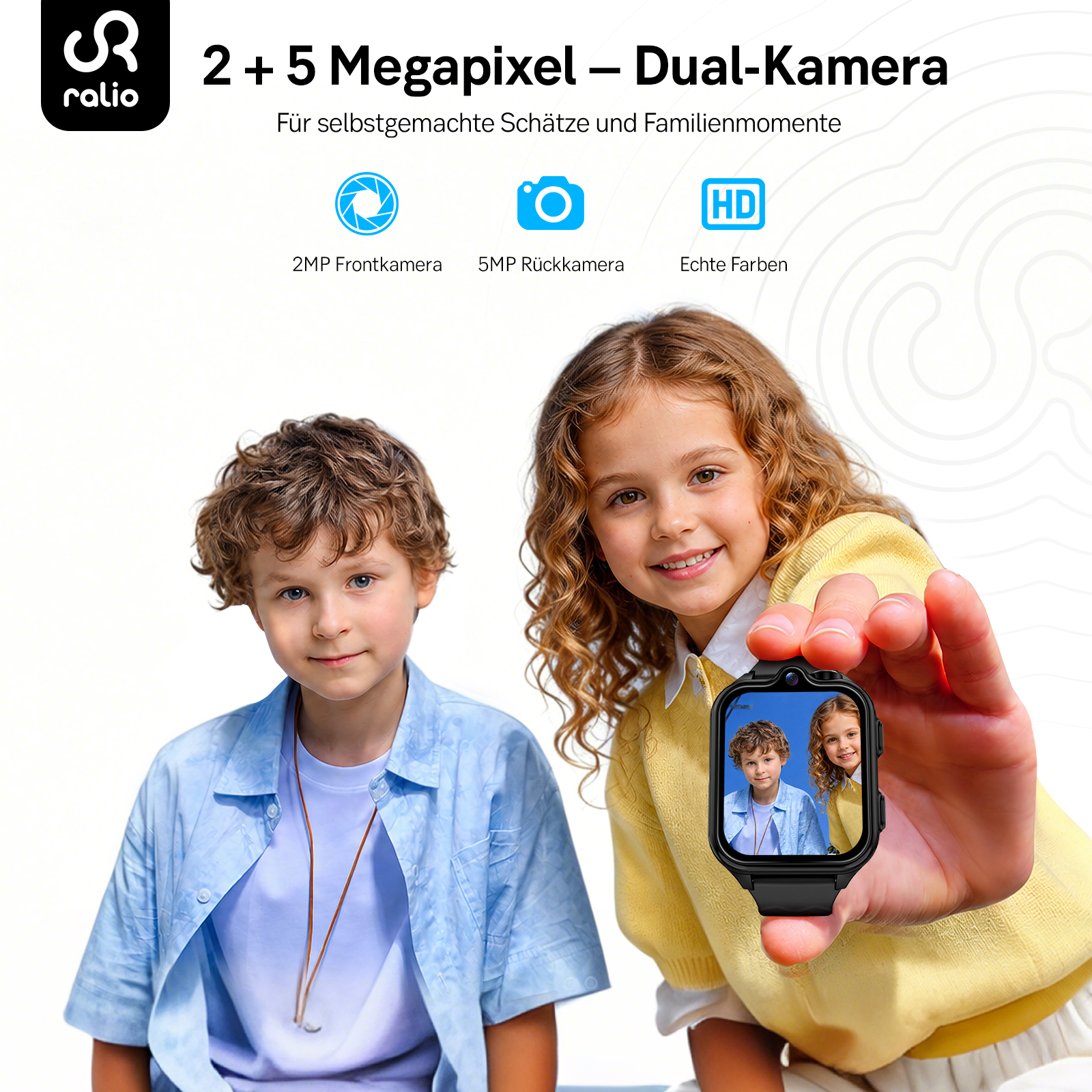 Zwei Kinder, ein Junge und ein Mädchen, posieren für ein Foto auf einer Smartwatch.