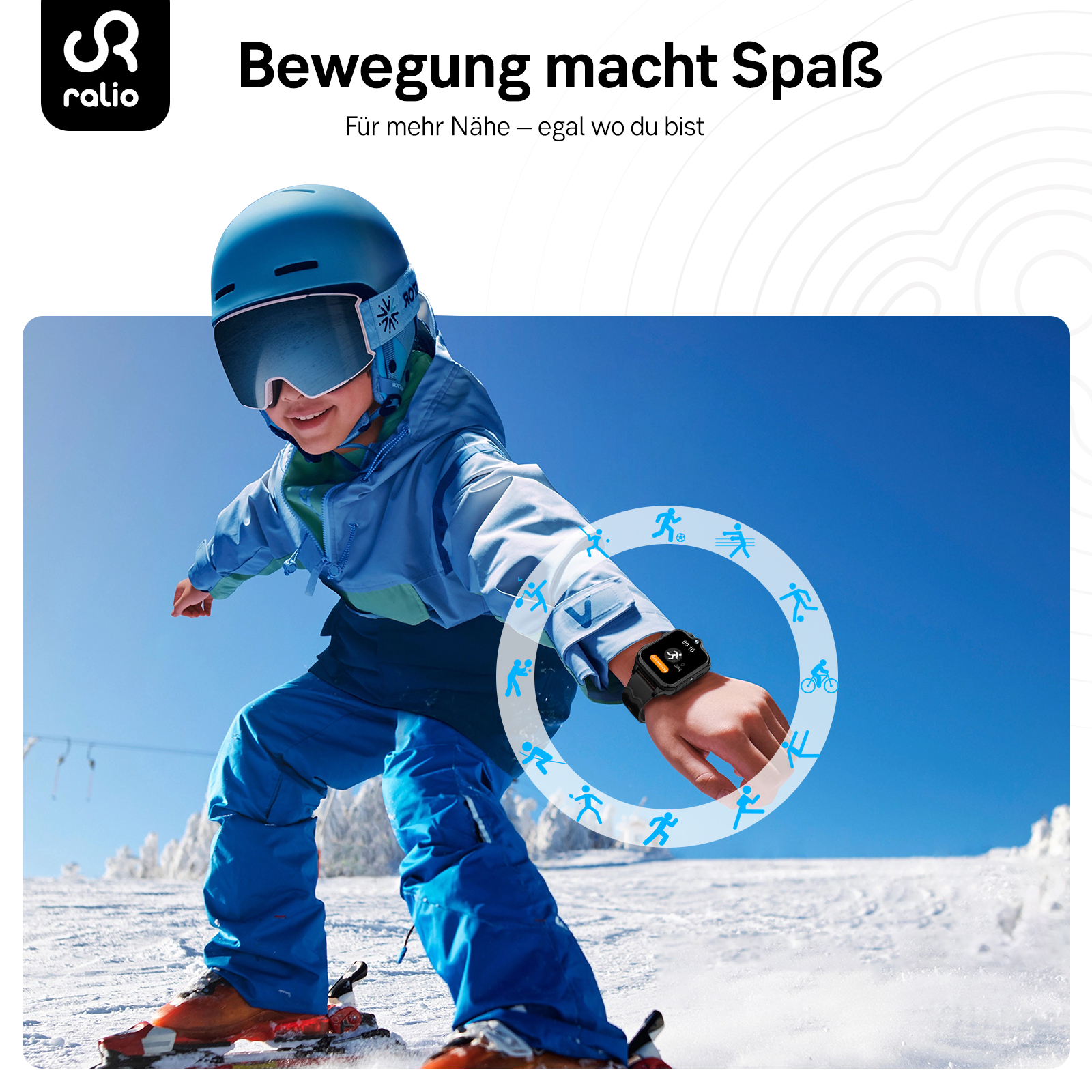 Kind in Skikleidung trägt eine Smartwatch beim Skifahren. Icons zeigen Aktivitäten.