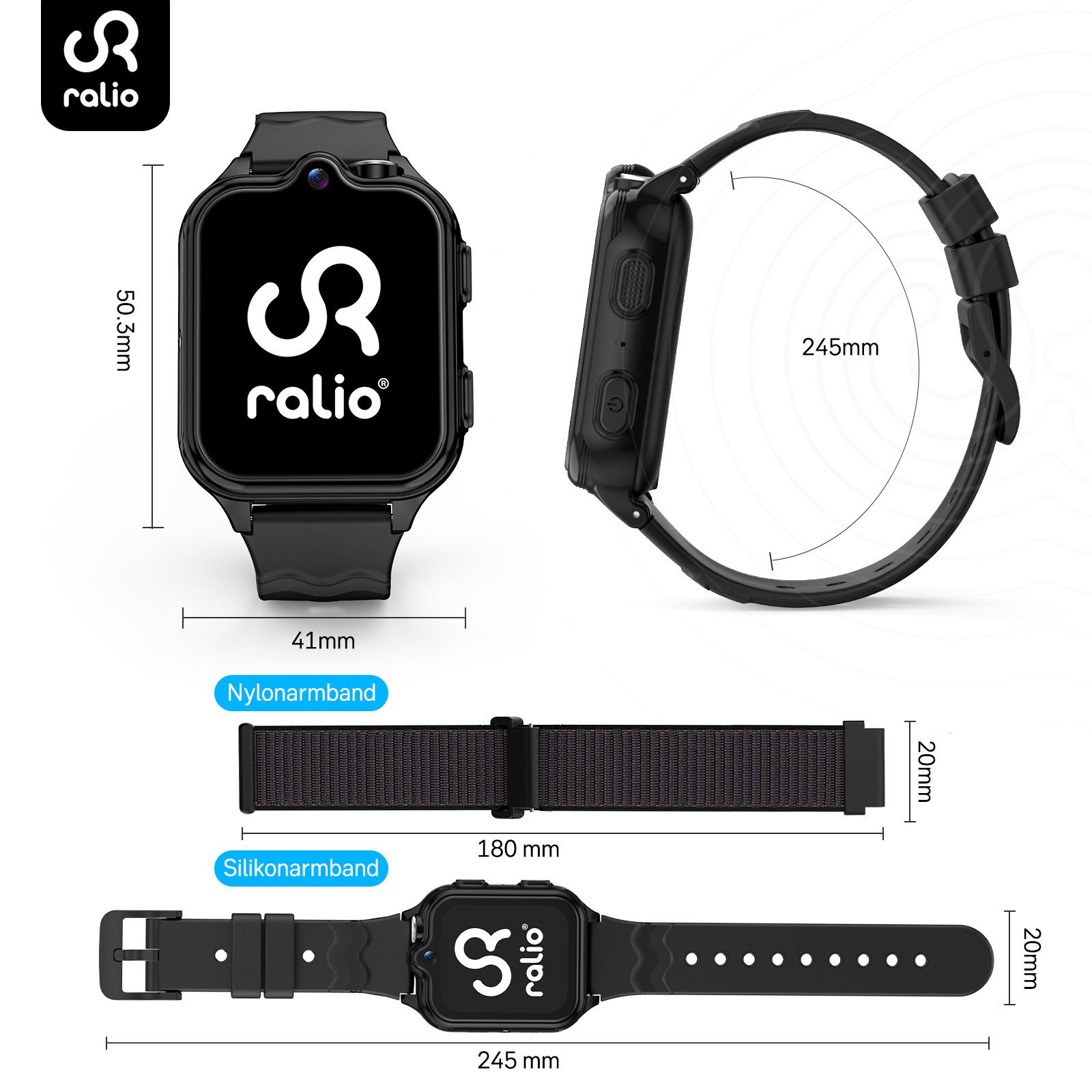 Schwarze Smartwatch mit Maßen: 50,3 mm Höhe, 41 mm Breite, 245 mm Armband.