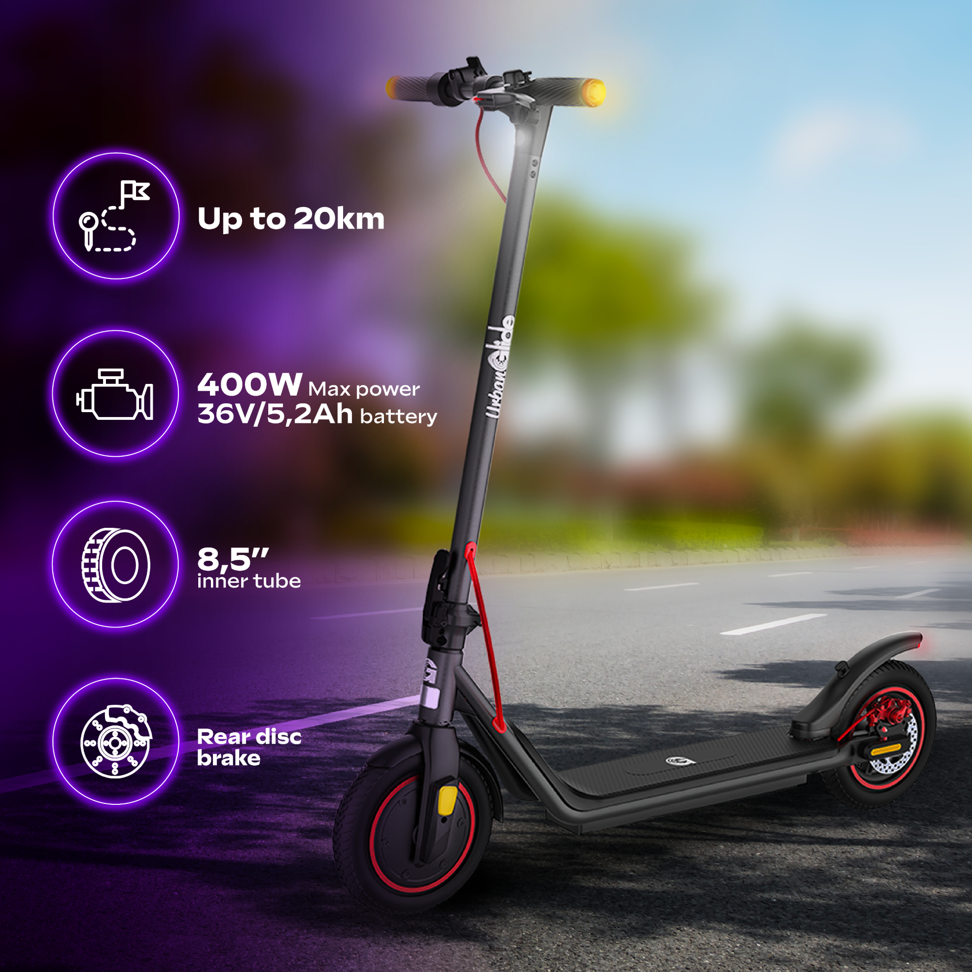 Un patinete eléctrico negro con detalles rojos sobre una carretera asfaltada.
