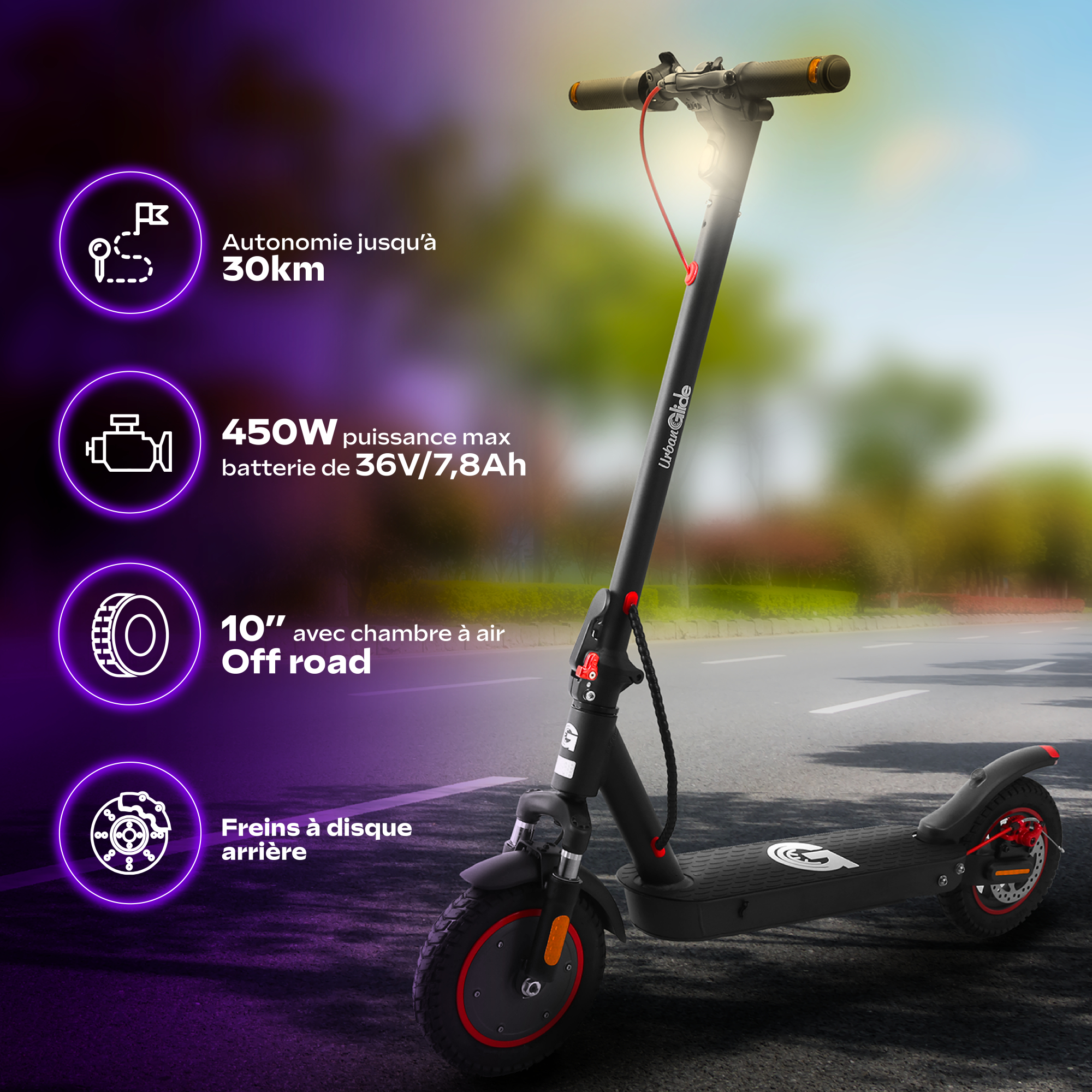 Un patinete eléctrico negro con detalles rojos está en una carretera.
